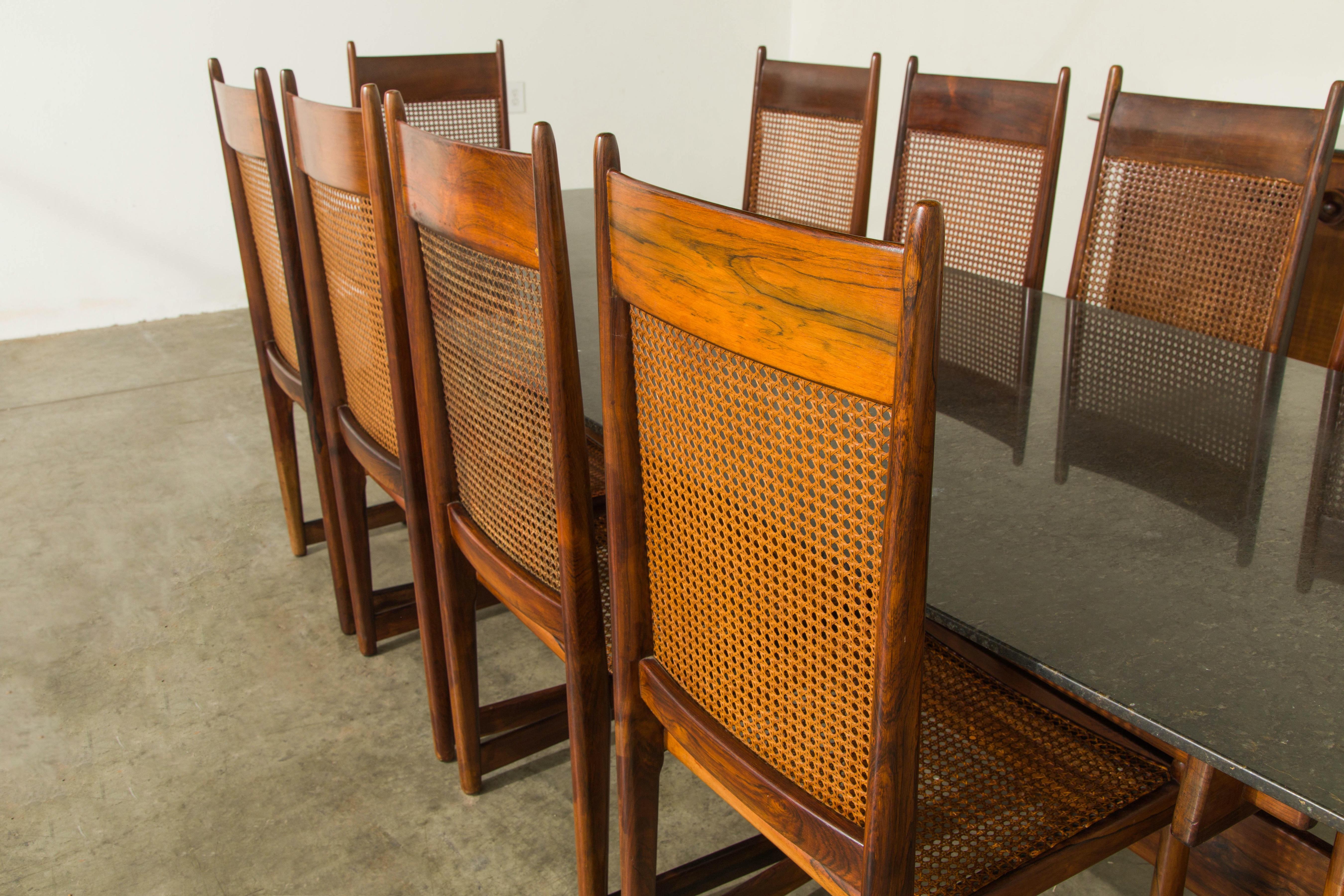 Sergio Rodrigues Jacaranda & Granite Dining Table with Ten Dining Chairs, 1960s In Good Condition In Los Angeles, CA