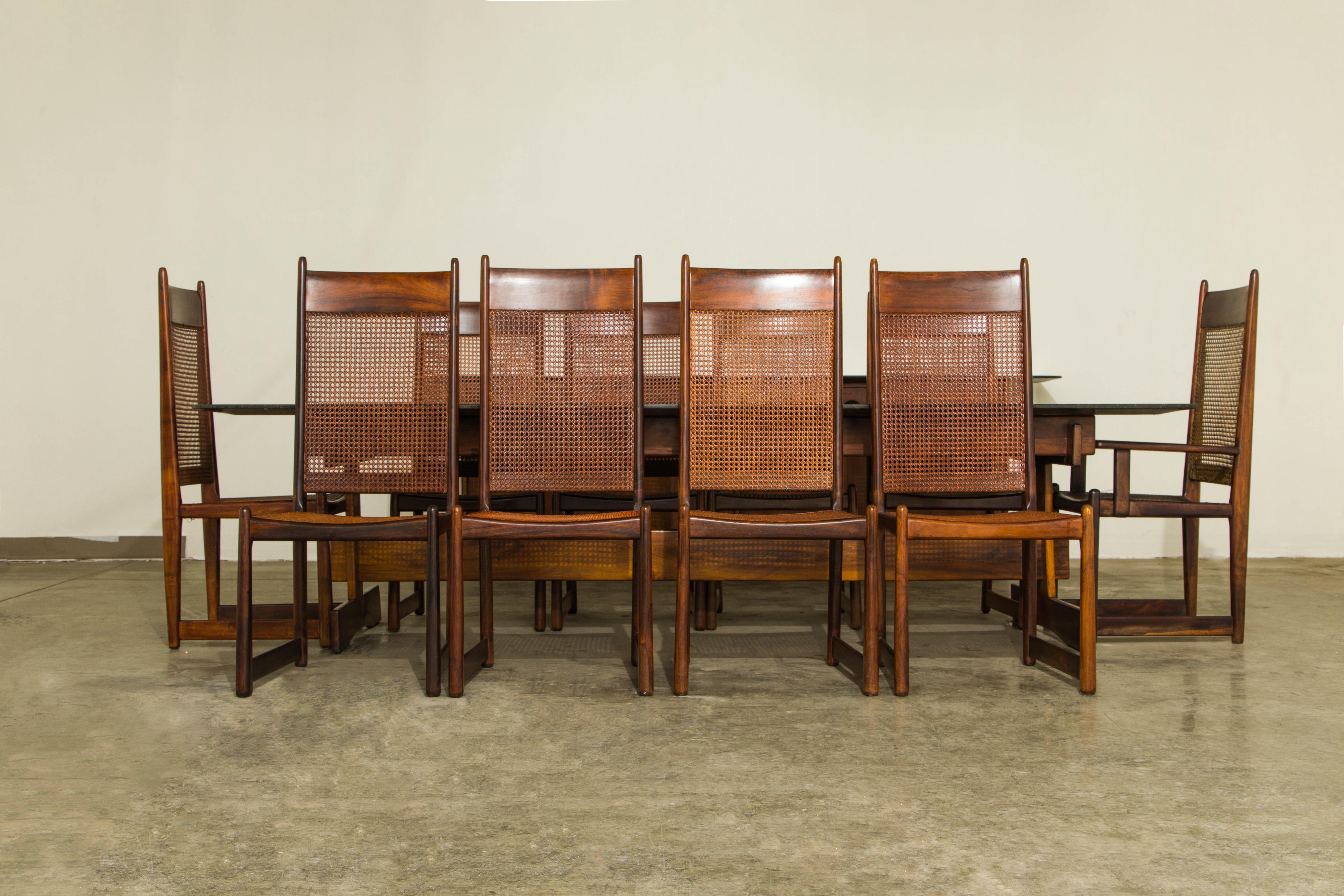 Mid-20th Century Sergio Rodrigues Jacaranda & Granite Dining Table with Ten Dining Chairs, 1960s