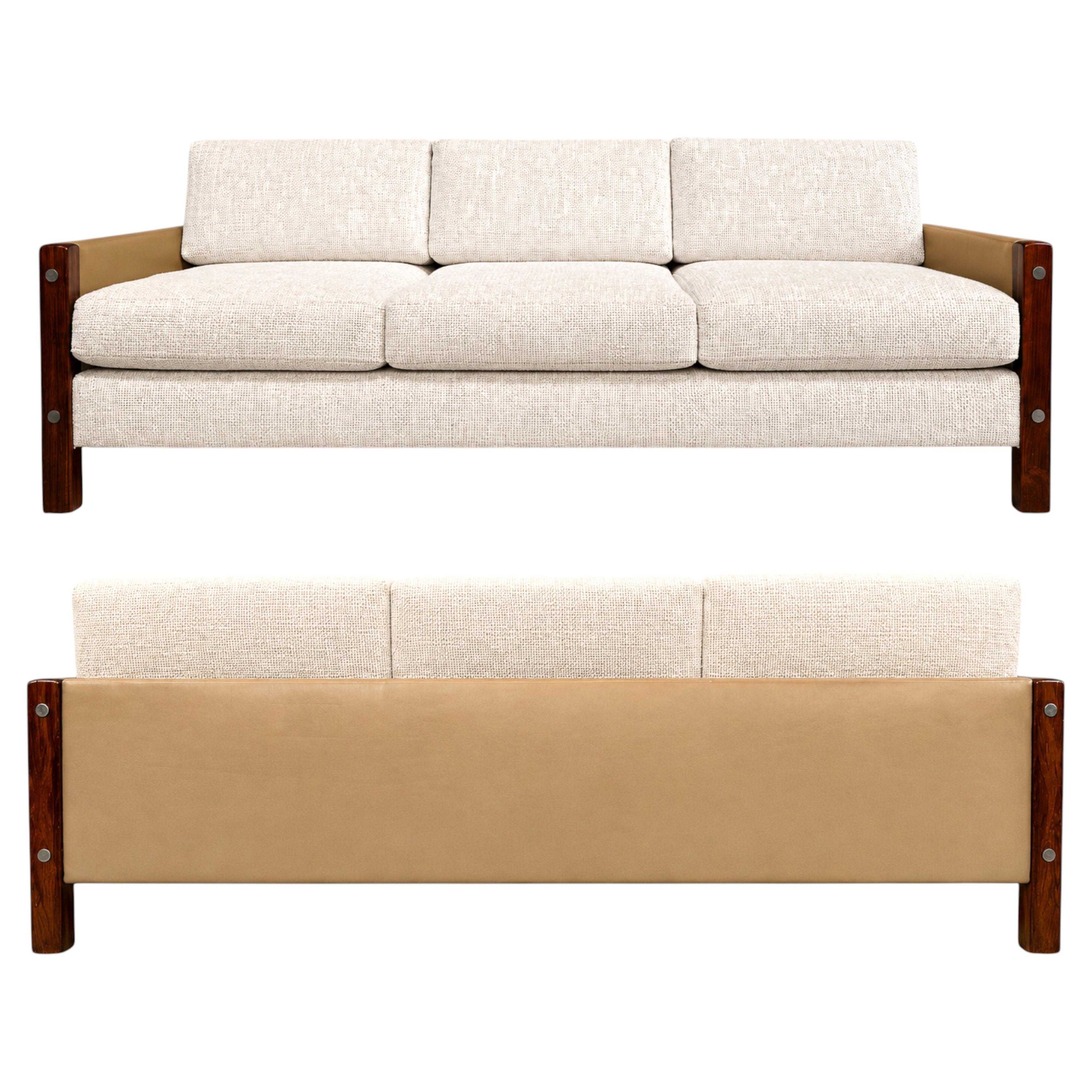 Sergio Rodrigues "Millor" Sofa in Rosewood, Leather & Textured Fabric, 1960s