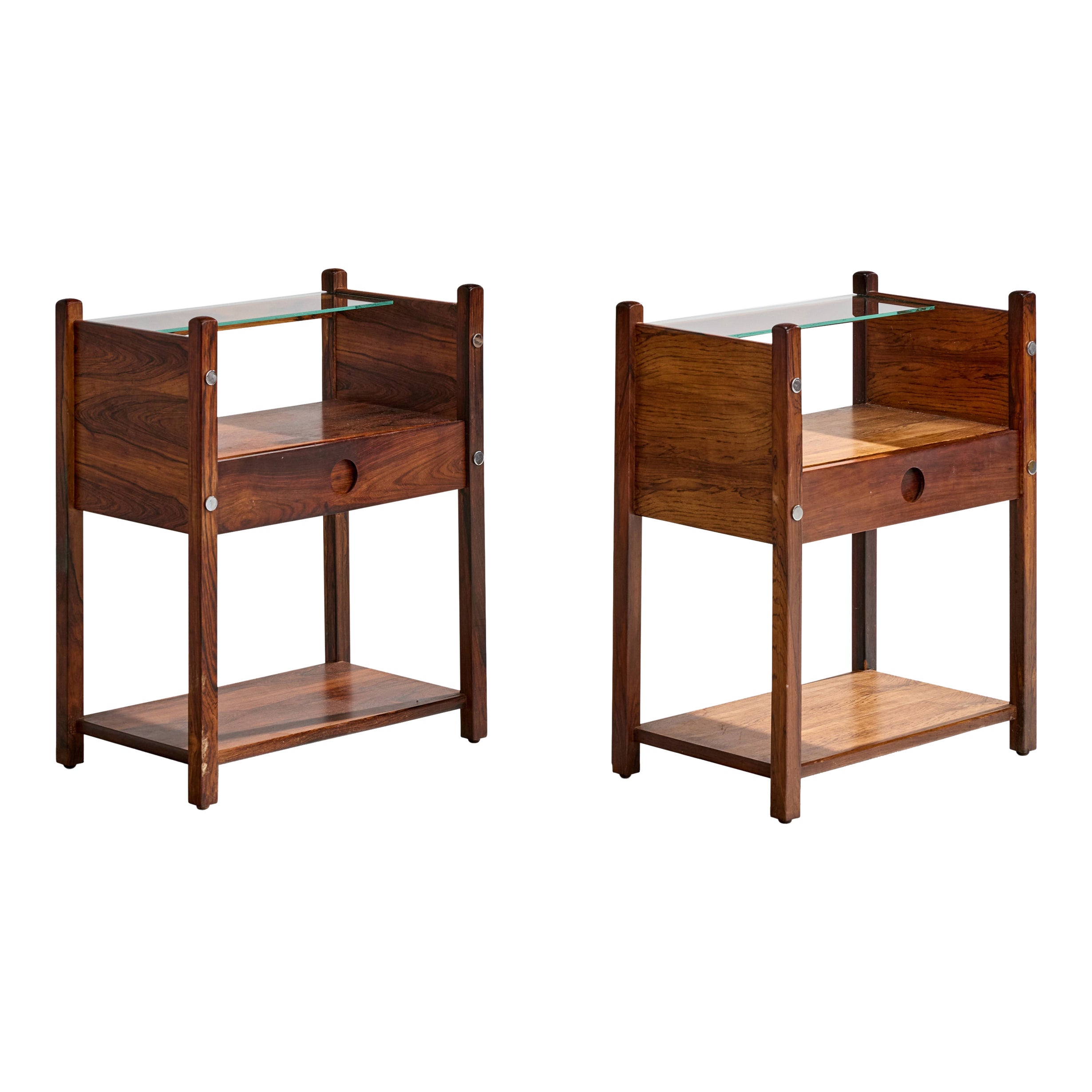 Sergio Rodrigues, Comodini, legno di palissandro, metallo, vetro, Brasile, anni '60