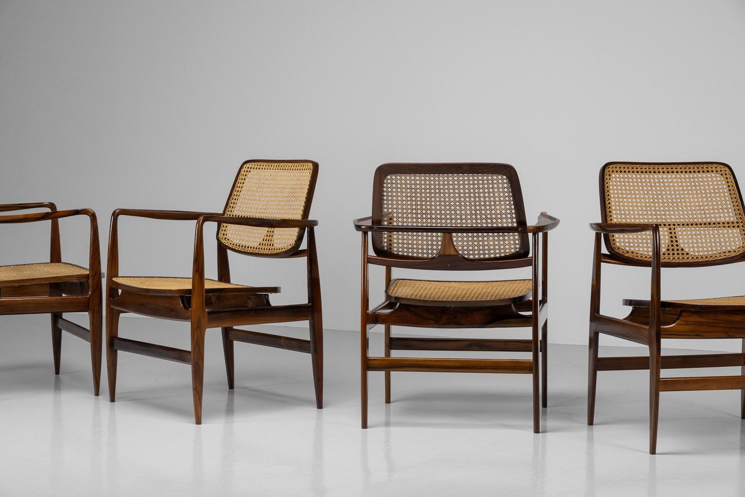 Extraordinary set of Oscar armchairs by Sergio Rodrigues manufactured by OCA in Brazil 1956. These chairs pay tribute to the renowned architect Oscar Niemeyer. Born from the Hauner Sofa, Sergio Rodrigues' first furniture creation in 1954, the Oscar