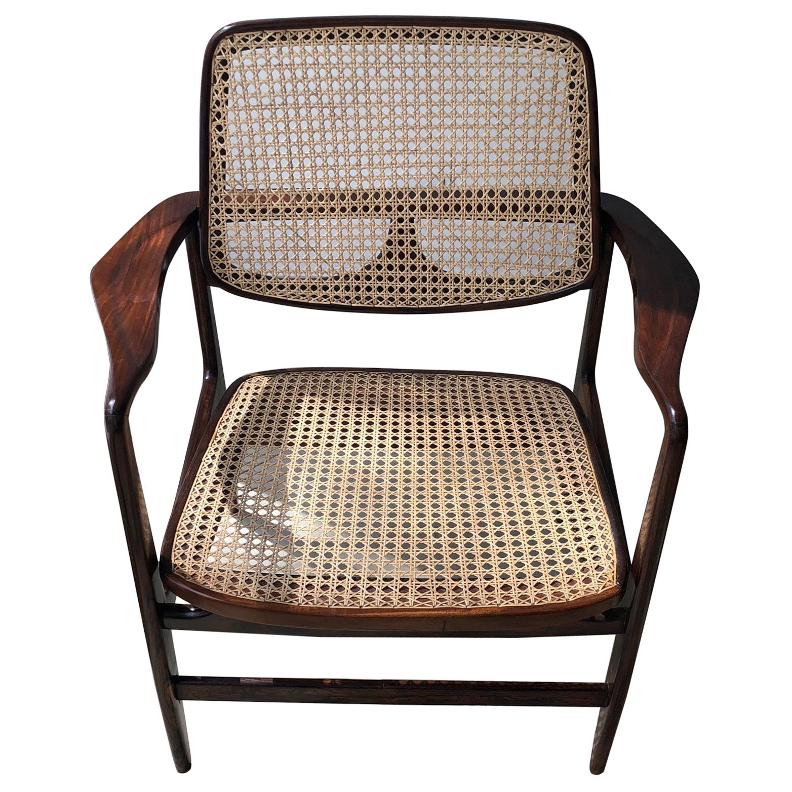 Sergio Rodrigues "Oscar" Armchair for OCA, Rosewood and Cane Chair, Single Item