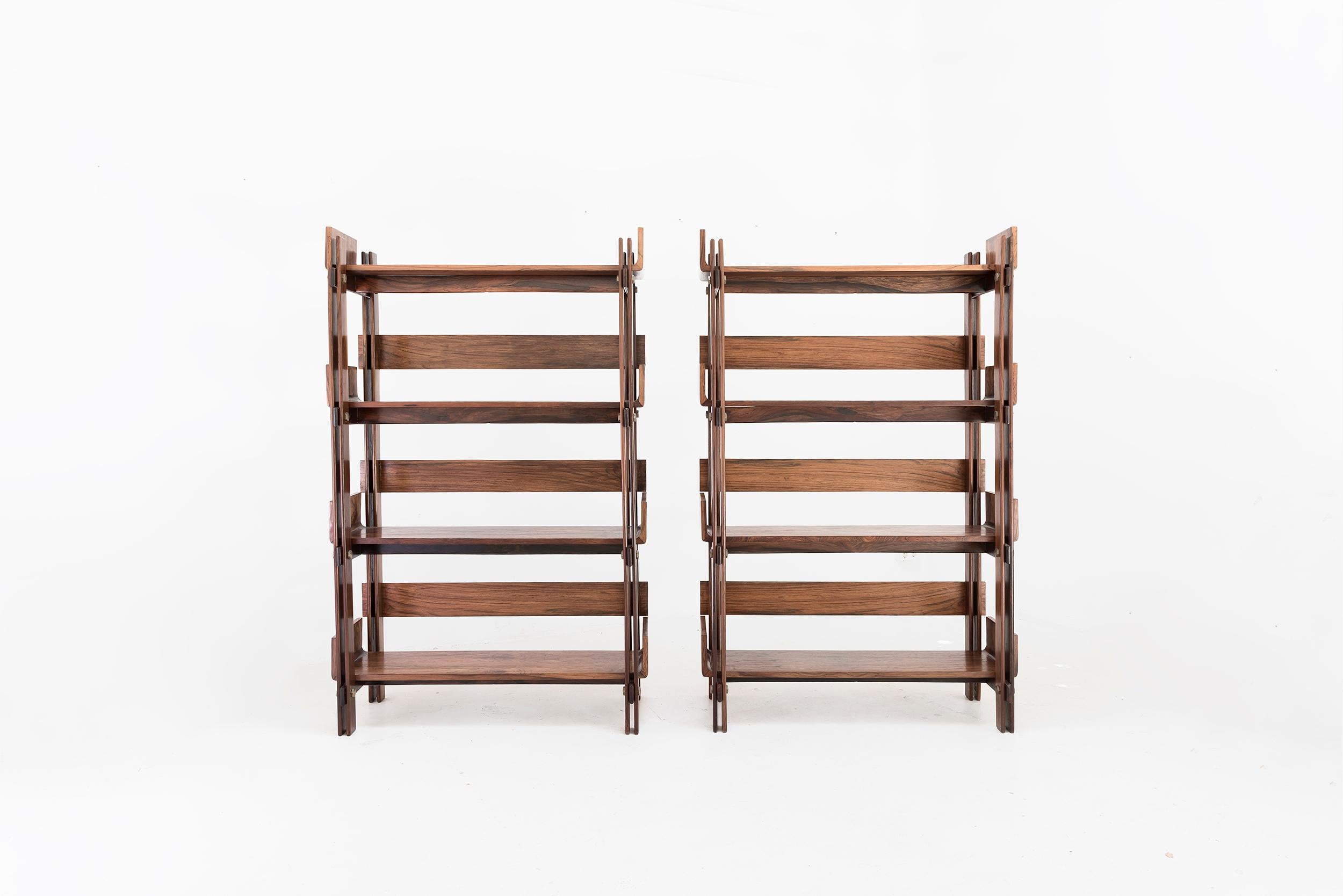 Sergio Rodrigues
Pair of bookcases
Manufactured by Oca
Brasil, 1960
Jacaranda wood, brass trim
From the archives of Side Gallery, Barcelona 

Measurements
102 cm x 22,22 cm x 160 H cm (each)
40.25 in x 8.75 in, 63 H in
