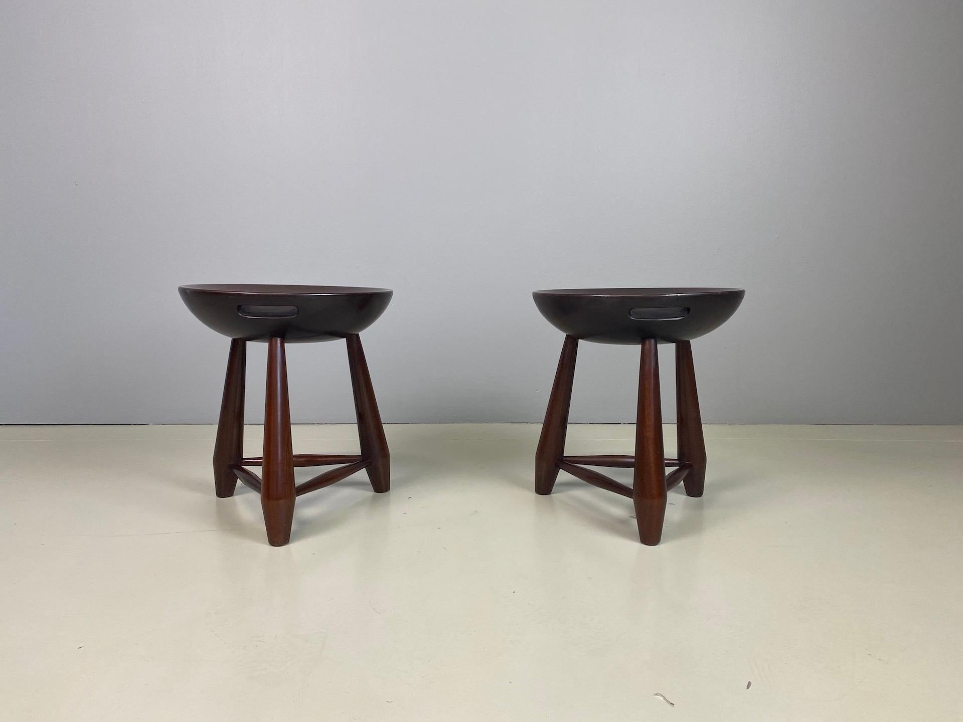 Sergio Rodrigues (1927-2014) pair of stools model “Mocho” manufactured by Oca Brazil, 1954 solid jacaranda.