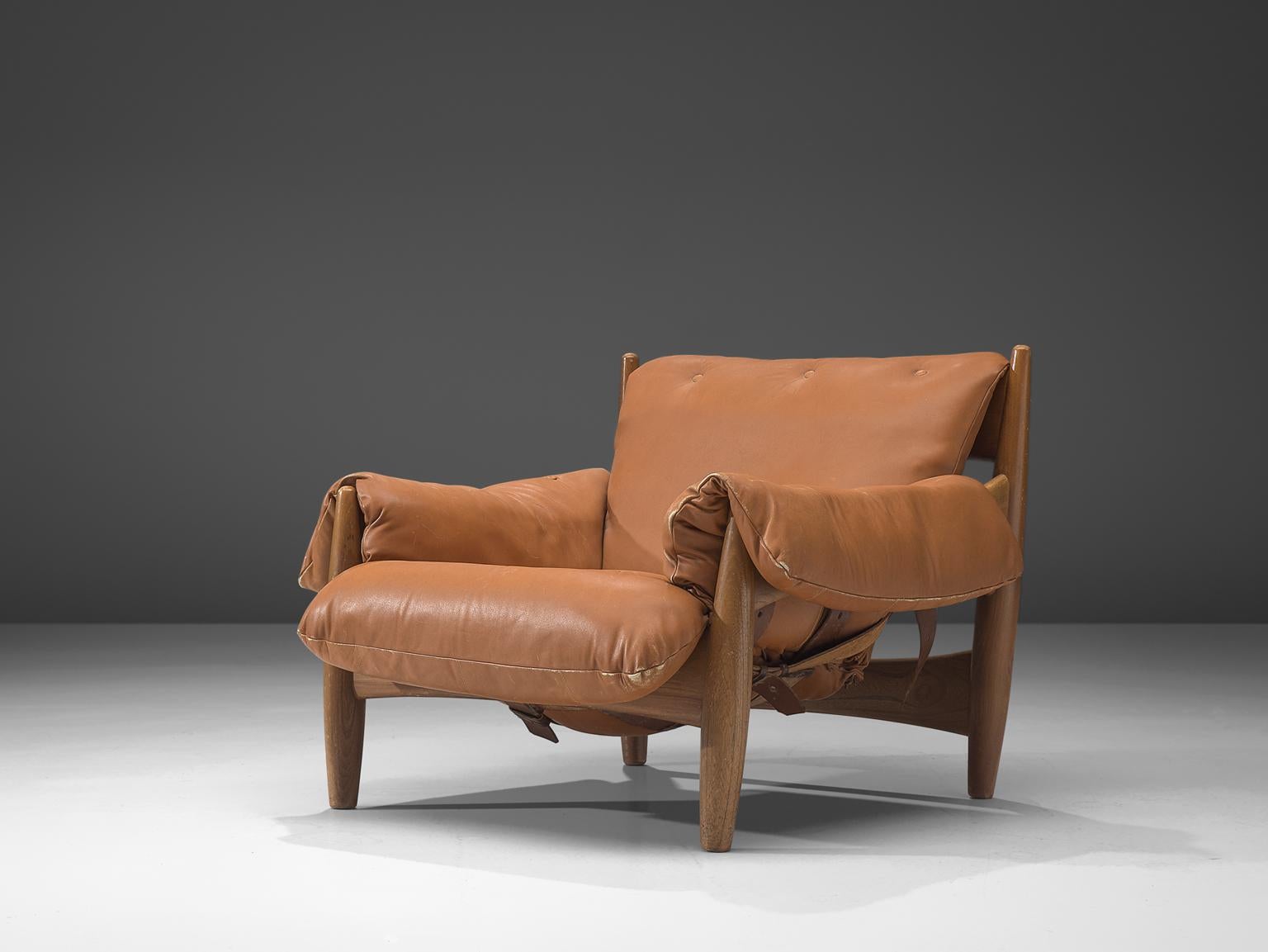 Mid-Century Modern Sergio Rodrigues, 'Sheriff' Lounge Chair with Ottoman in Original Cognac Leather