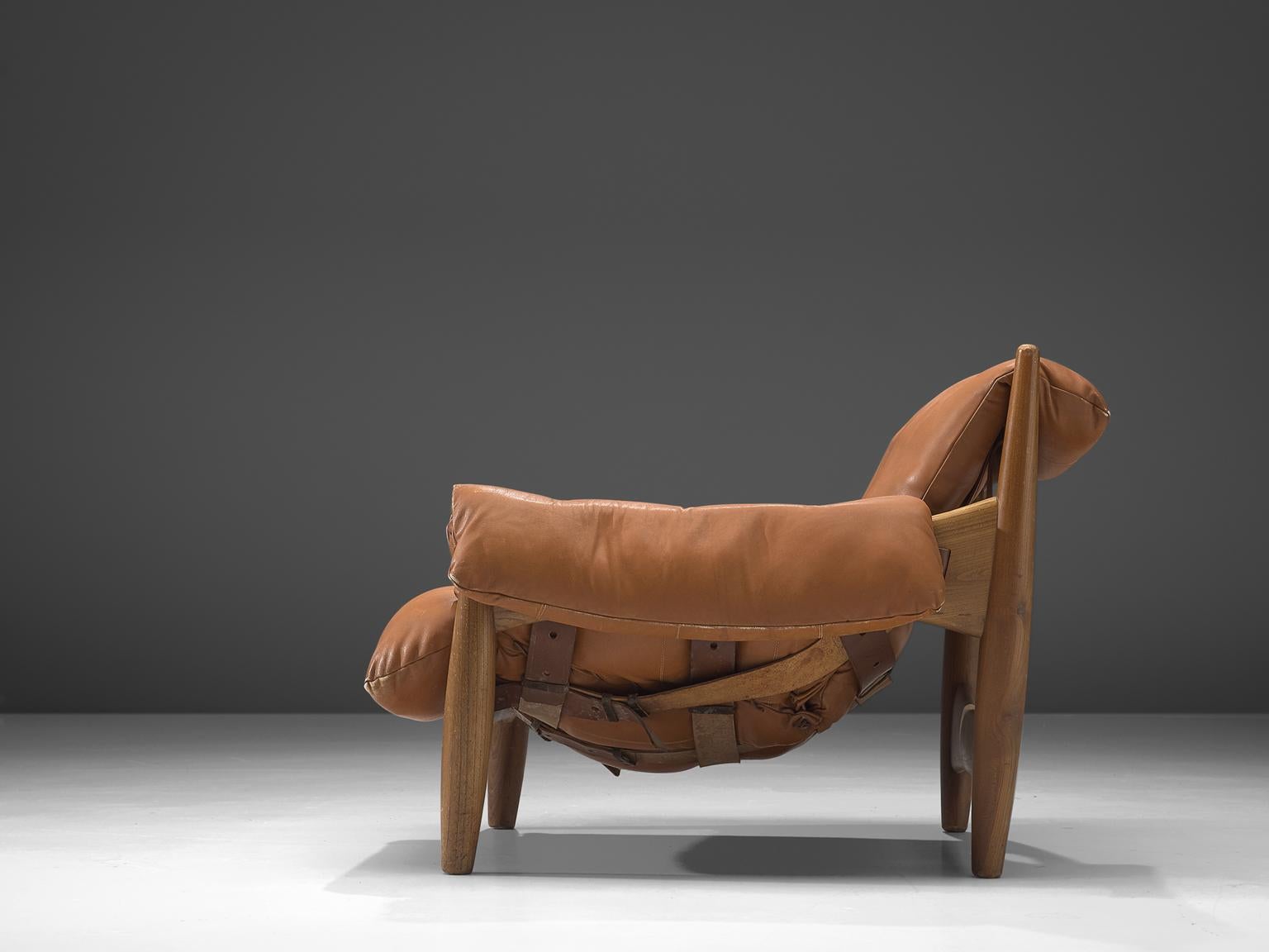Brazilian Sergio Rodrigues, 'Sheriff' Lounge Chair with Ottoman in Original Cognac Leather