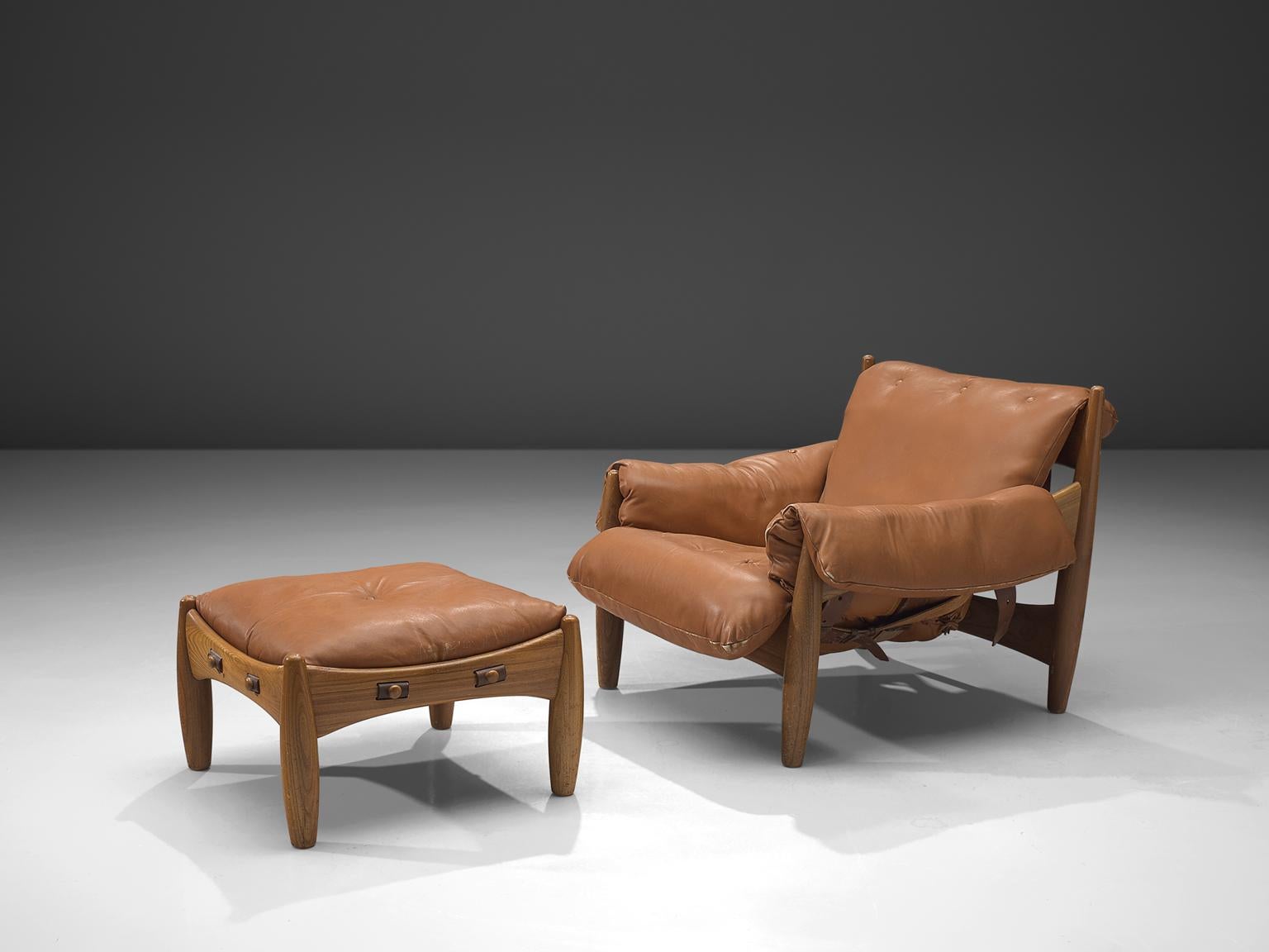 Mid-20th Century Sergio Rodrigues, 'Sheriff' Lounge Chair with Ottoman in Original Cognac Leather