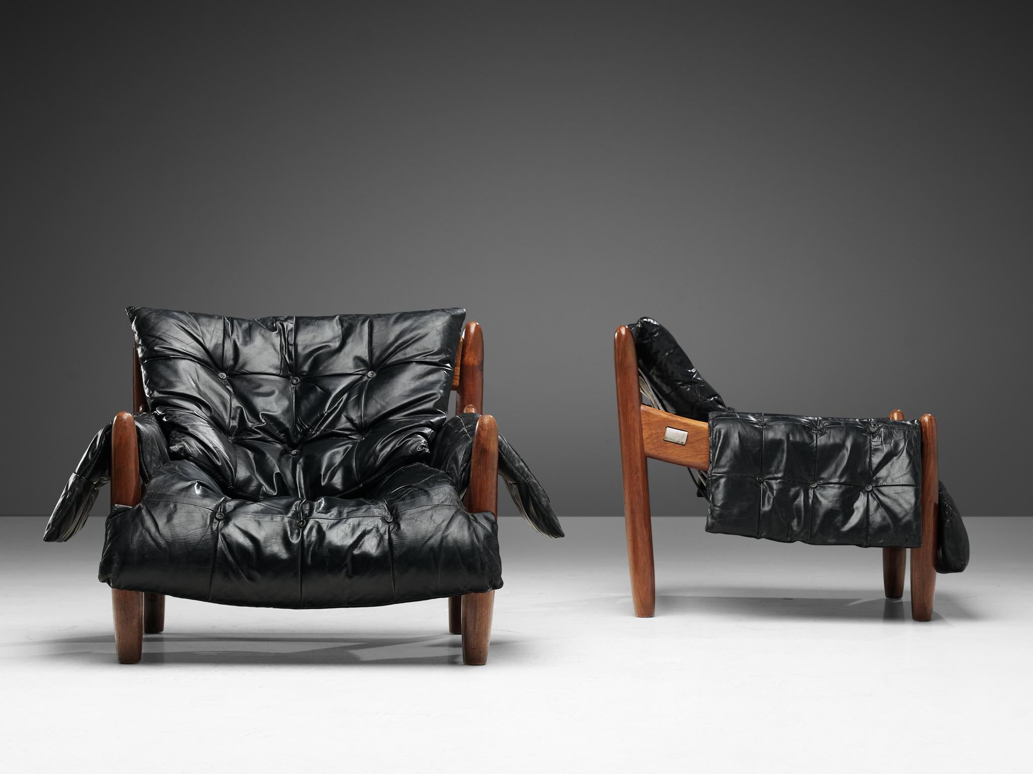 Mid-Century Modern Sergio Rodrigues 'Sheriff' Pair of Lounge Chairs in Black Leather