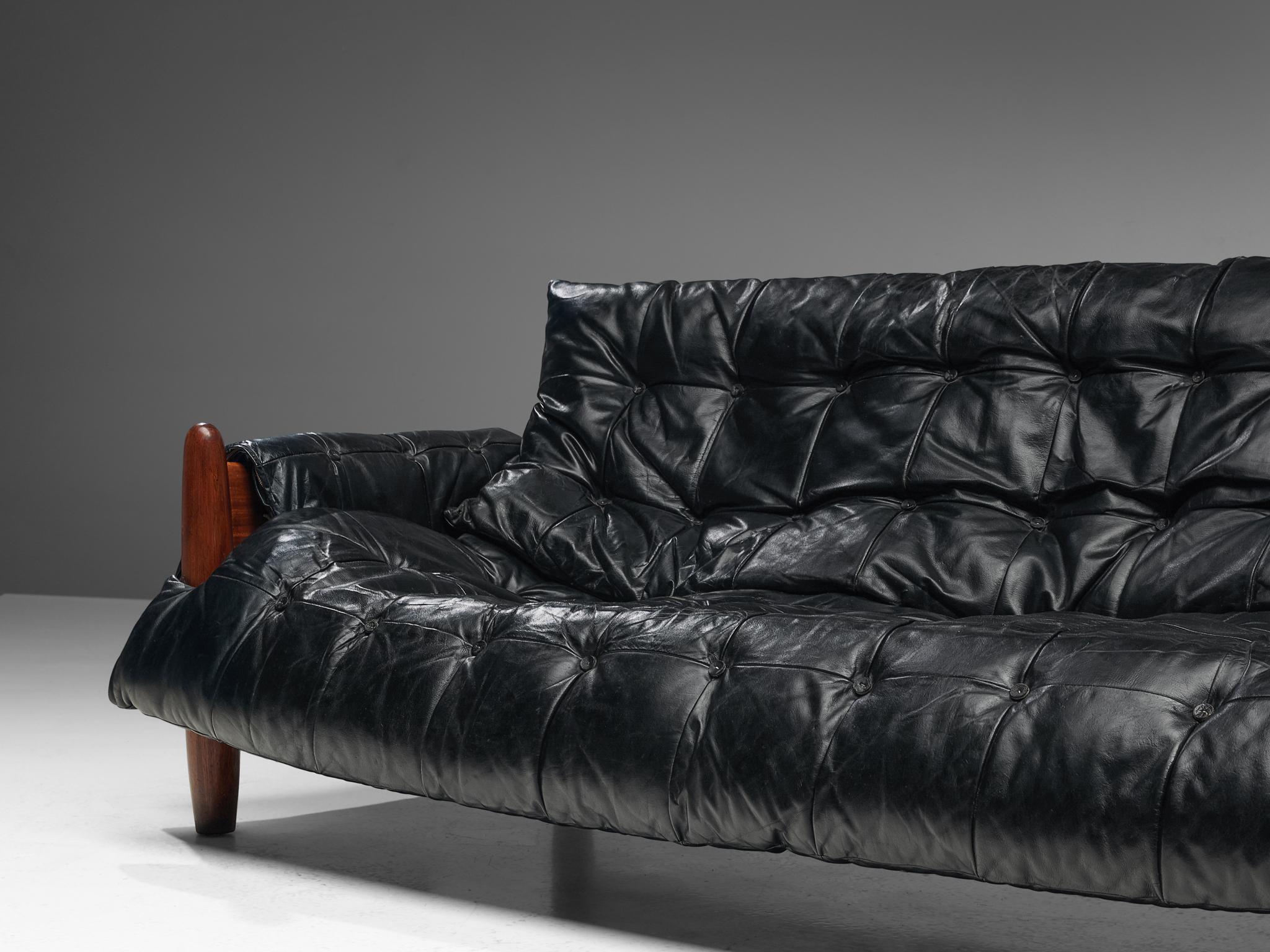 Brazilian Sergio Rodrigues 'Sheriff' Sofa in Black Uphosltery and Imbuia Wood  For Sale