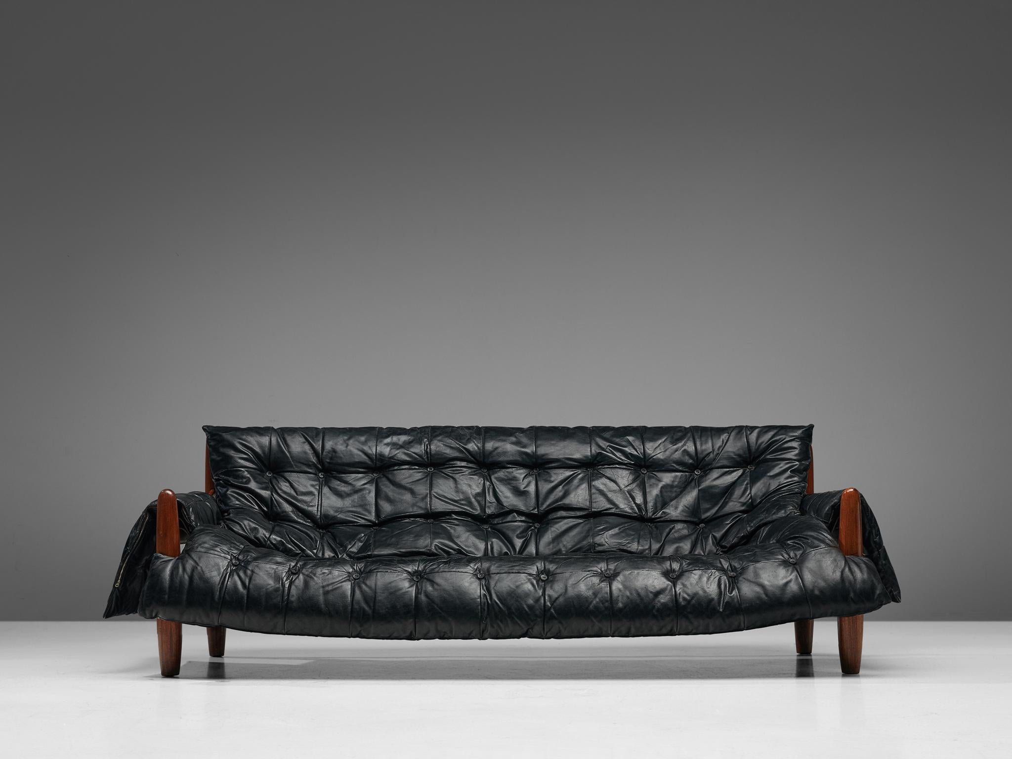 Faux Leather Sergio Rodrigues 'Sheriff' Sofa in Black Uphosltery and Imbuia Wood  For Sale