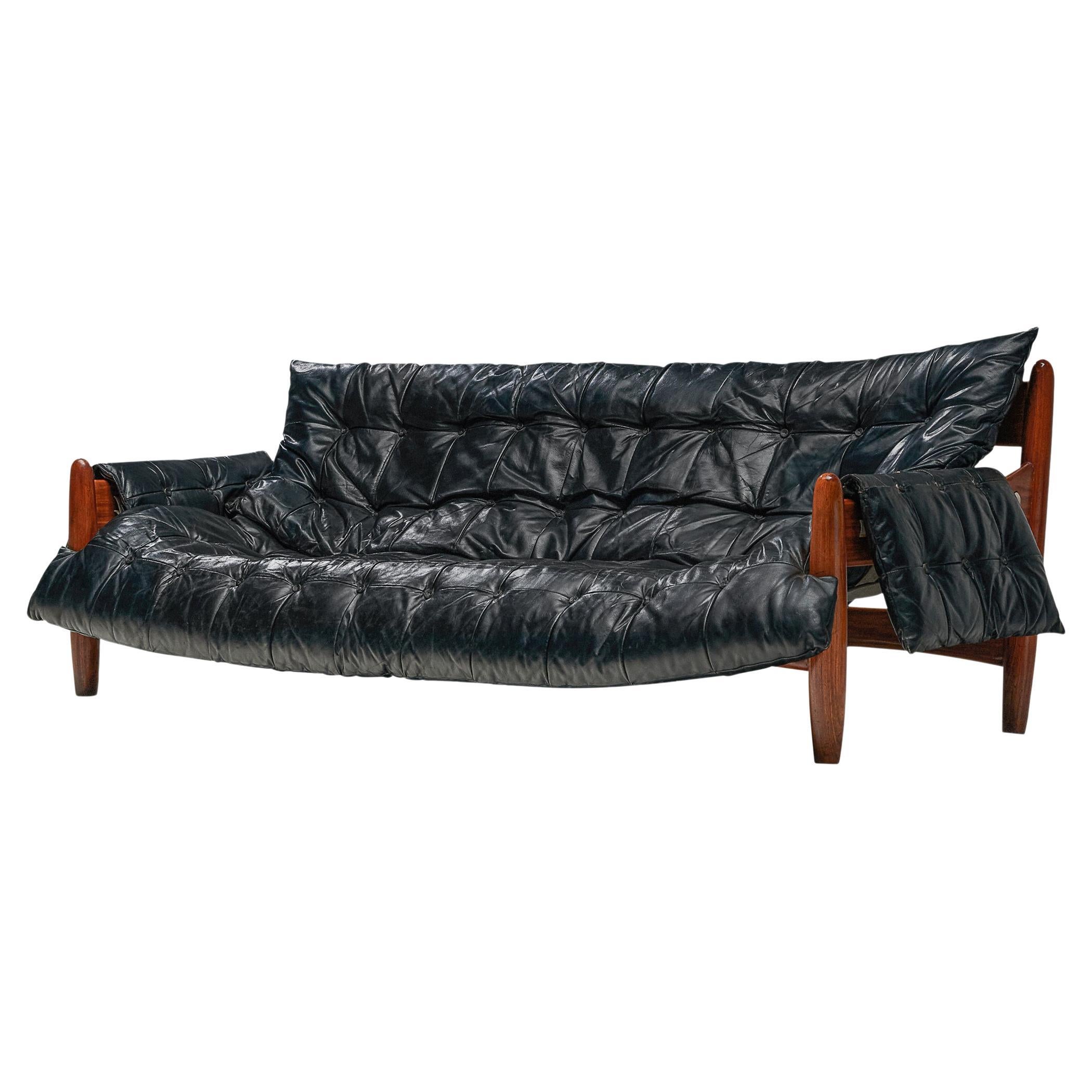 Sergio Rodrigues 'Sheriff' Sofa in Black Uphosltery and Imbuia Wood  For Sale