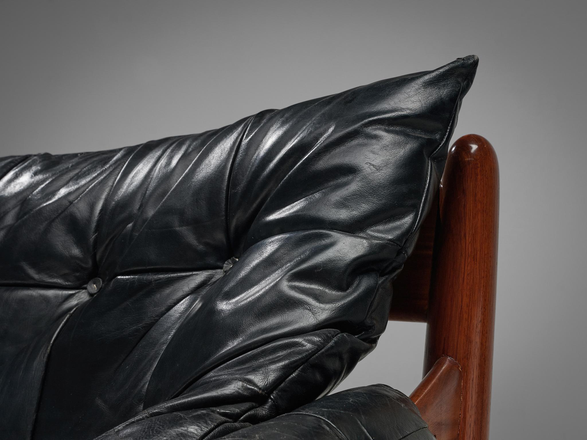 Mid-Century Modern Sergio Rodrigues 'Sheriff' Sofa in Black Leather and Imbuia