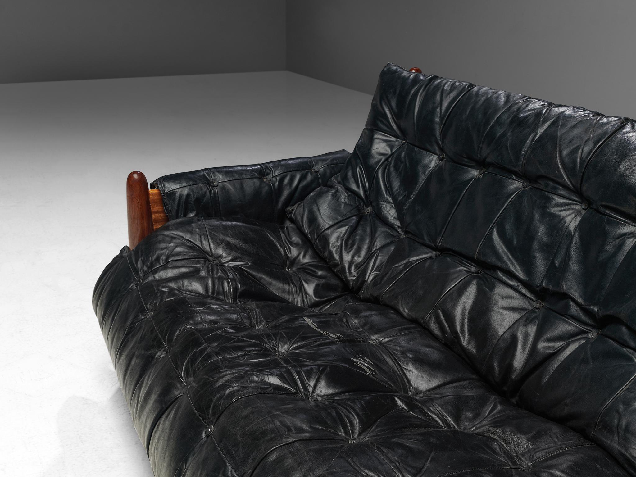 Brazilian Sergio Rodrigues 'Sheriff' Sofa in Black Leather and Imbuia