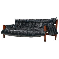 Sergio Rodrigues 'Sheriff' Sofa in Black Leather and Imbuia