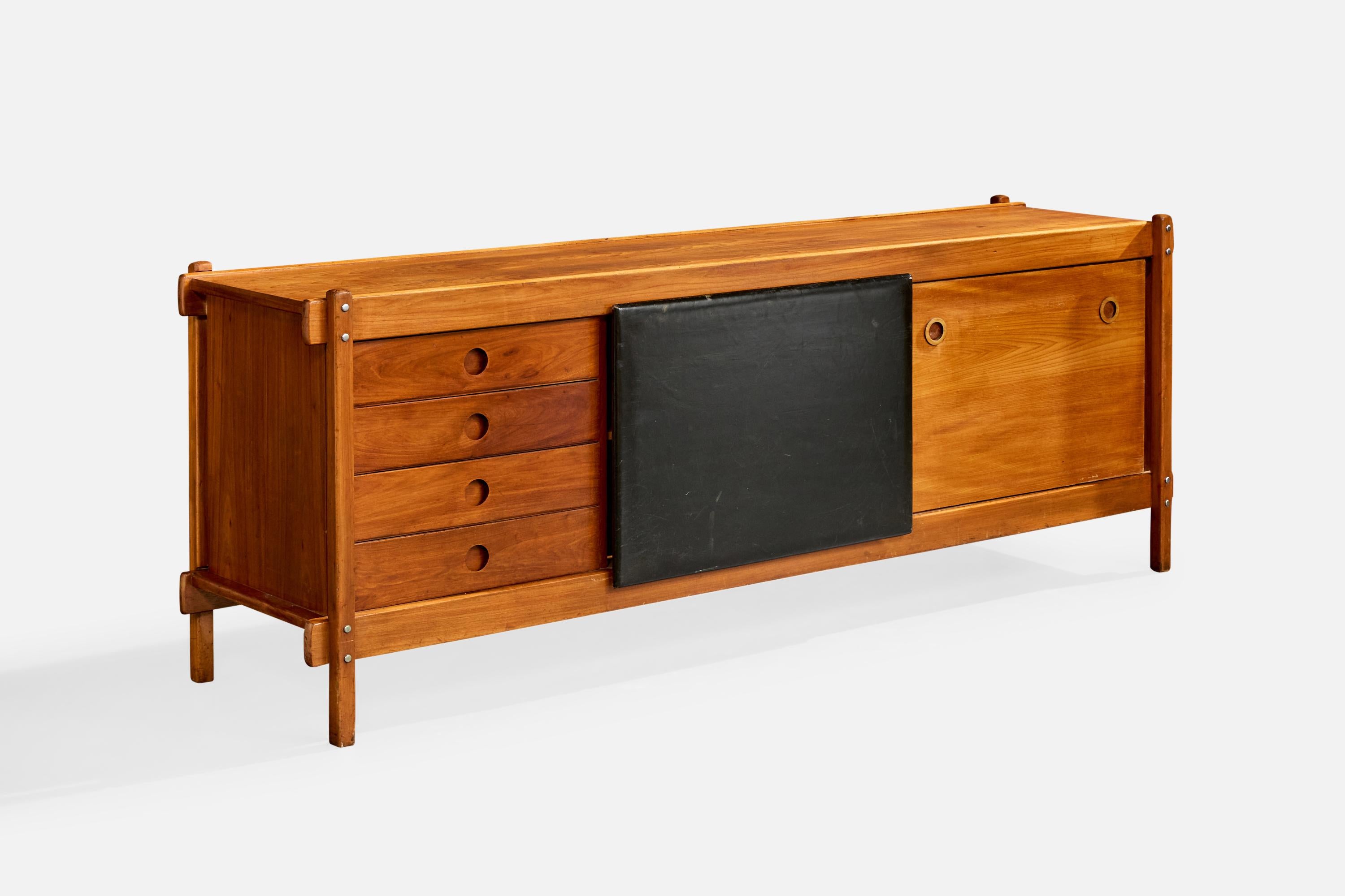 A Freijó wood and black leather sideboard or cabinet designed and produced by Sergio Rodrigues, Brazil, c. 1965.

Overall Dimensions (inches): 30.25