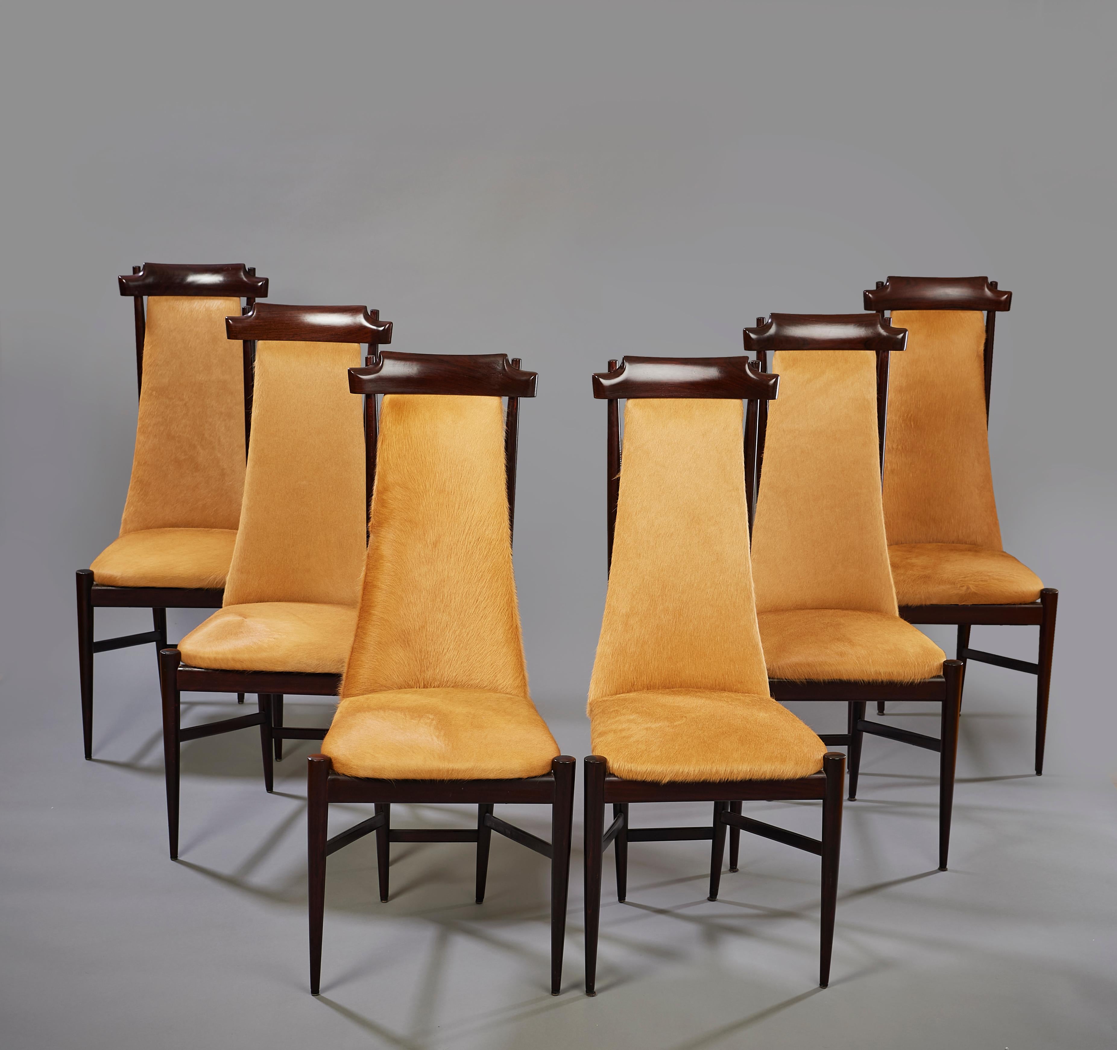 Brésilien Six chaises de salle à manger Sergio Rodrigues en bois et cuir de vache brun clair, Brésil, années 1960 en vente
