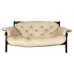 Sergio Rodrigues Style "Balassa" Ivory Leather Loveseat by Ipoly, Hungarian