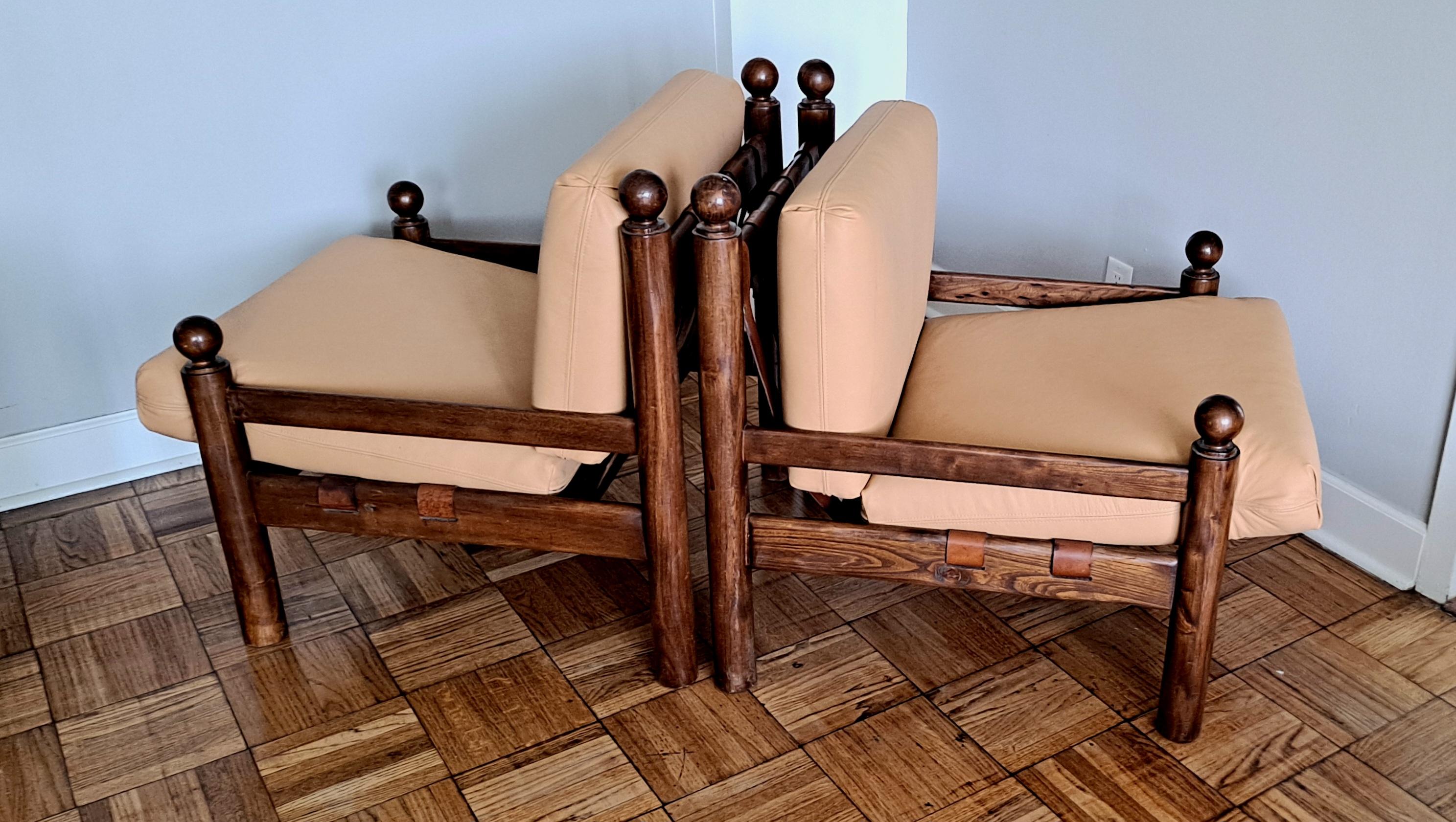 Sergio Rodriguez furniture designer from 1950s - 1970s He was known for his unique design which combine traditional Spanish wood work with the modern forms and material.This chairs are sculptural wood frame and leather seat and back rest.He work