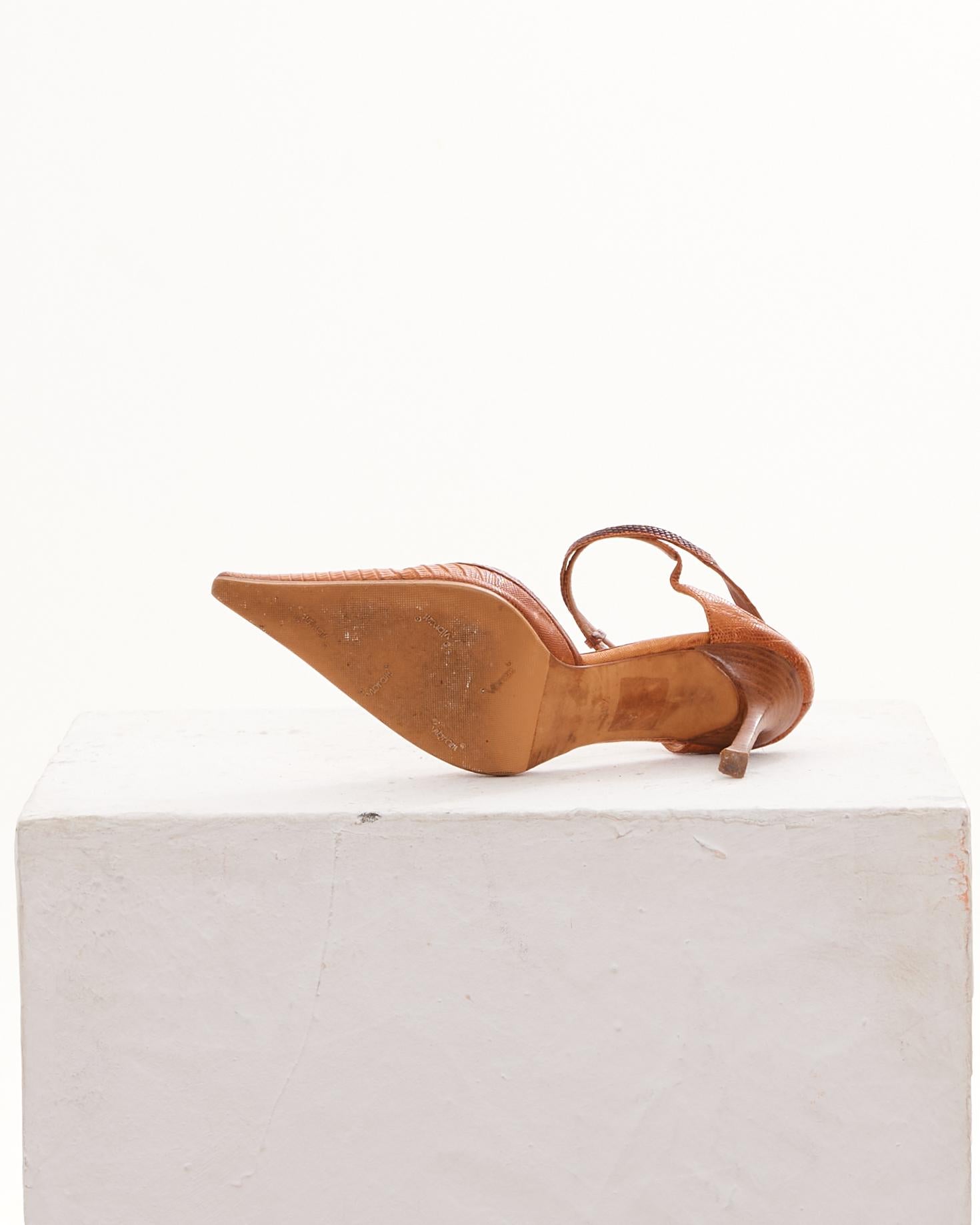 Sergio Rossi 2000s Brown Lizard Leather Pointed Toe Ankle Strap Sandals For Sale 1