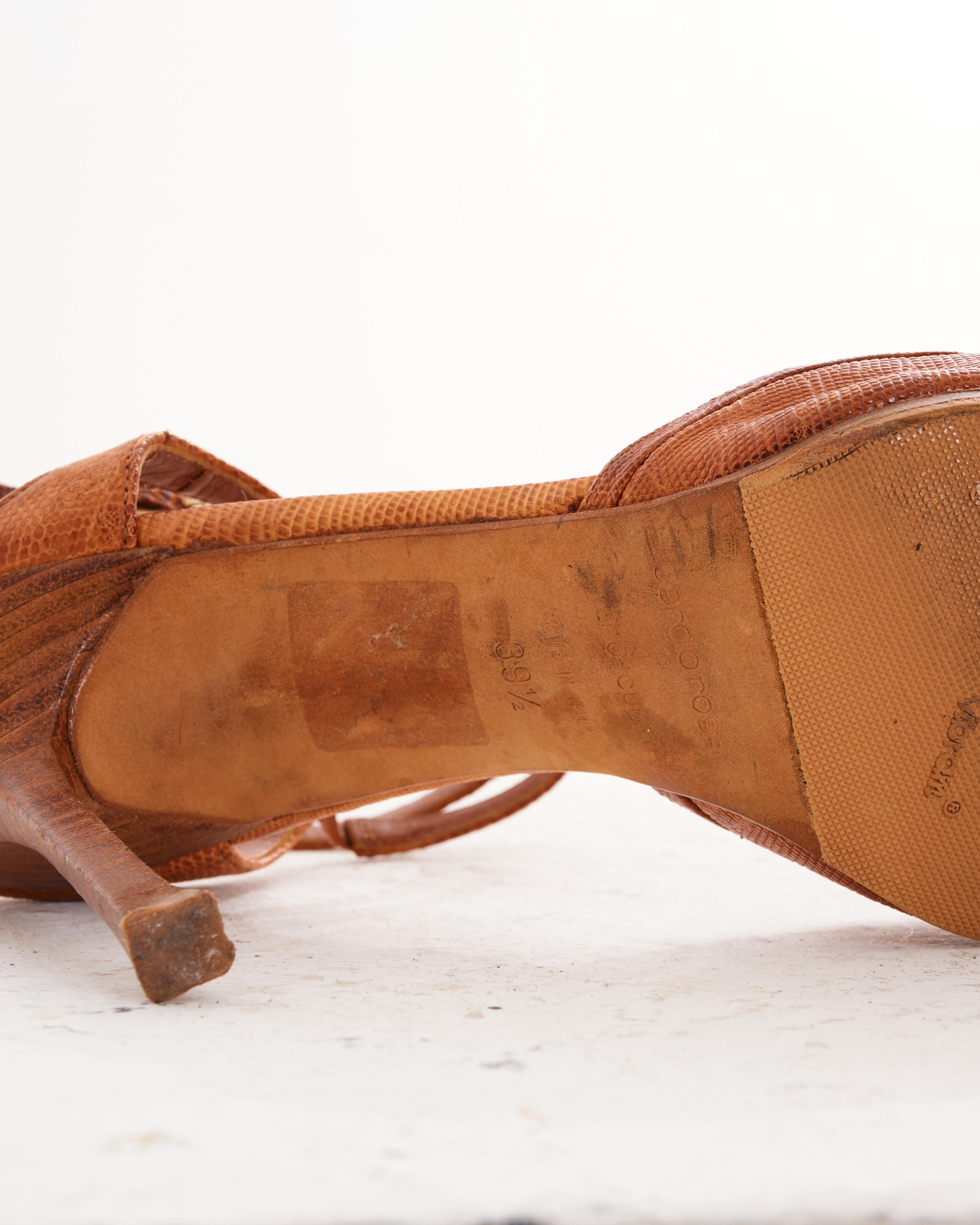 Sergio Rossi 2000s Brown Lizard Leather Pointed Toe Ankle Strap Sandals For Sale 2