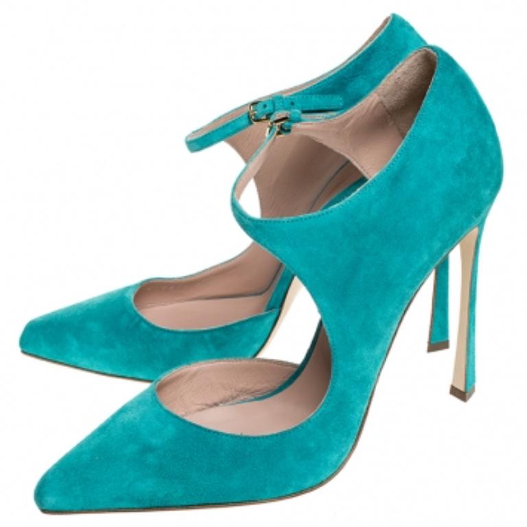 Donna Sergio Rossi Aqua Blue Suede Mary Jane Ankle Strap Pumps Taglia 40 in vendita