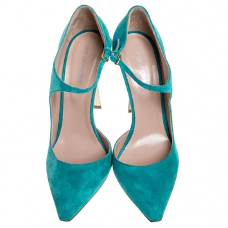 Sergio Rossi Aqua Blue Suede Mary Jane Ankle Strap Pumps Taglia 40 in vendita 2