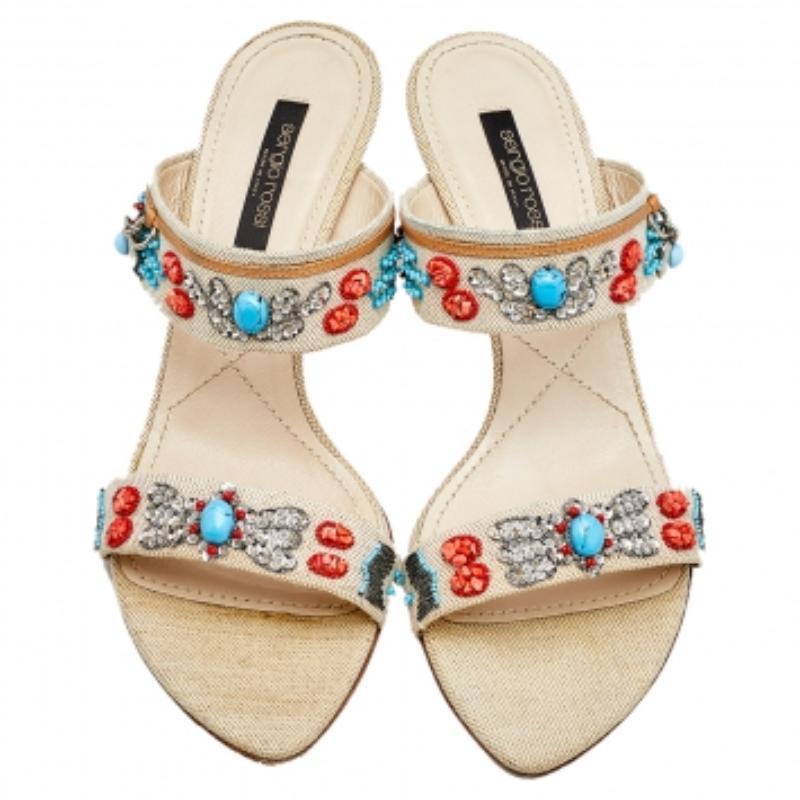 Donna Sergio Rossi Beige Canvas Embellished Slide Sandals Taglia 39.5 in vendita