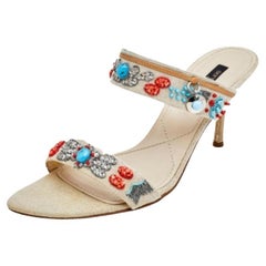 Sergio Rossi Sandalias de lona beige con adornos talla 39.5