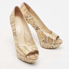 Sergio Rossi Beige/Gold Water Snake Embossed Leather Peep Toe Pumps Size 38.5