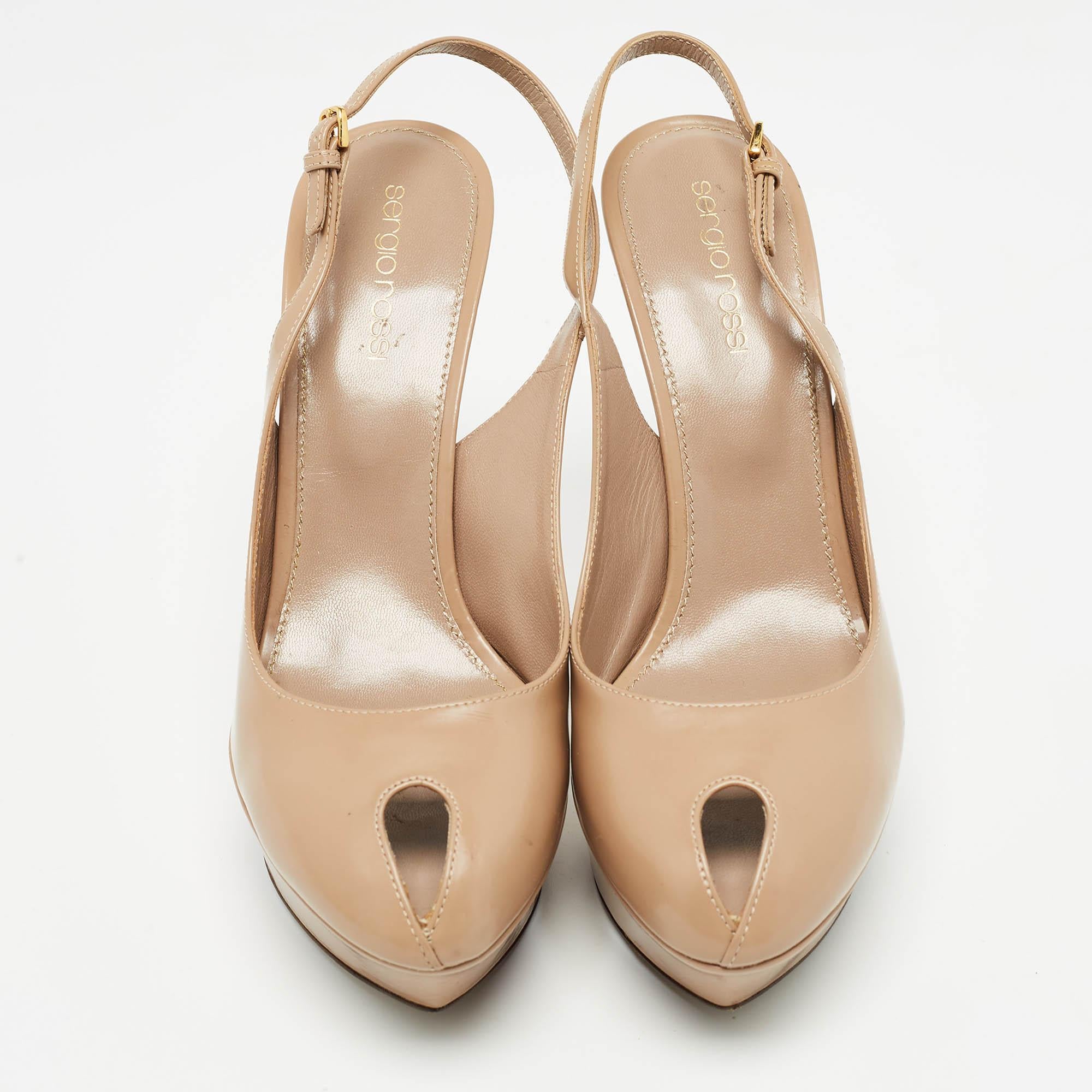 Sergio Rossi Beige Leather Peep Toe Slingback Pumps Size 38.5 In Good Condition In Dubai, Al Qouz 2
