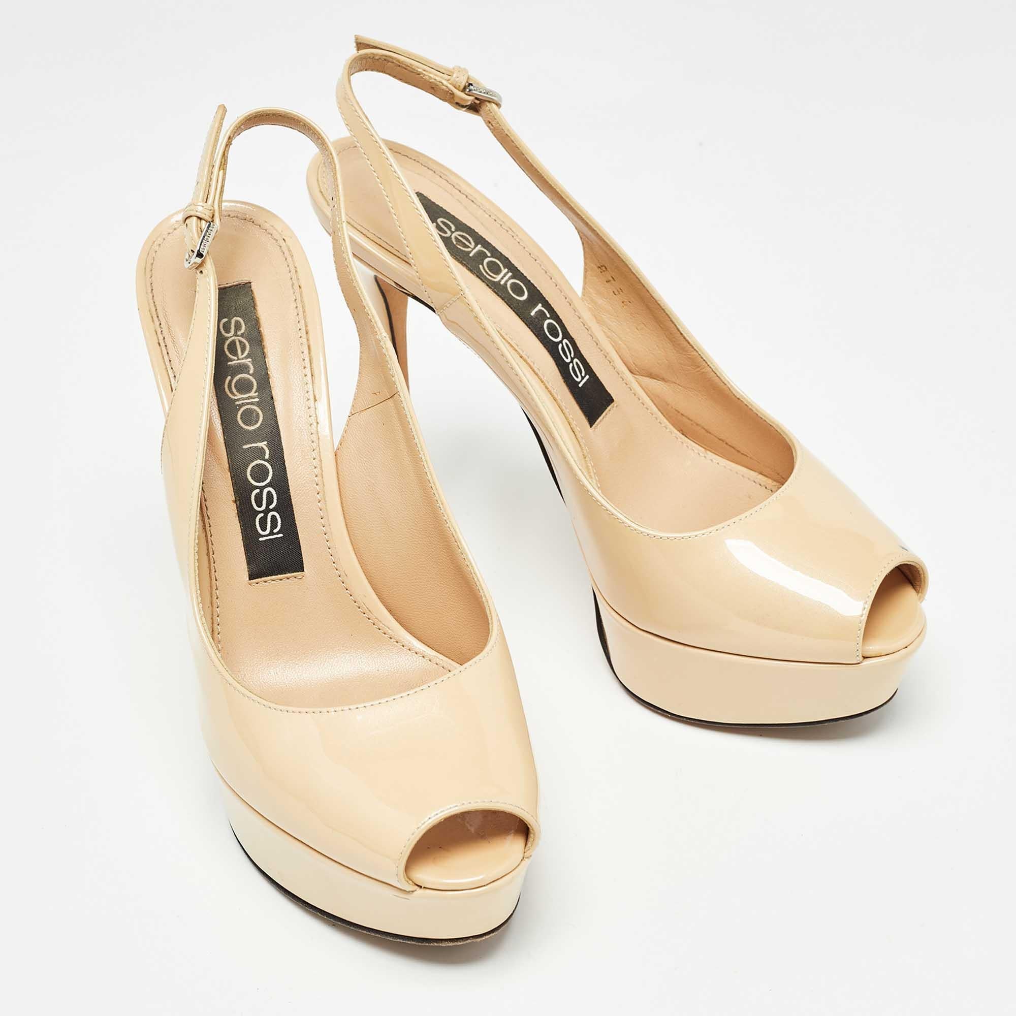 Women's Sergio Rossi Beige Patent Leather Peep Toe Slingback Pumps Size 36 For Sale