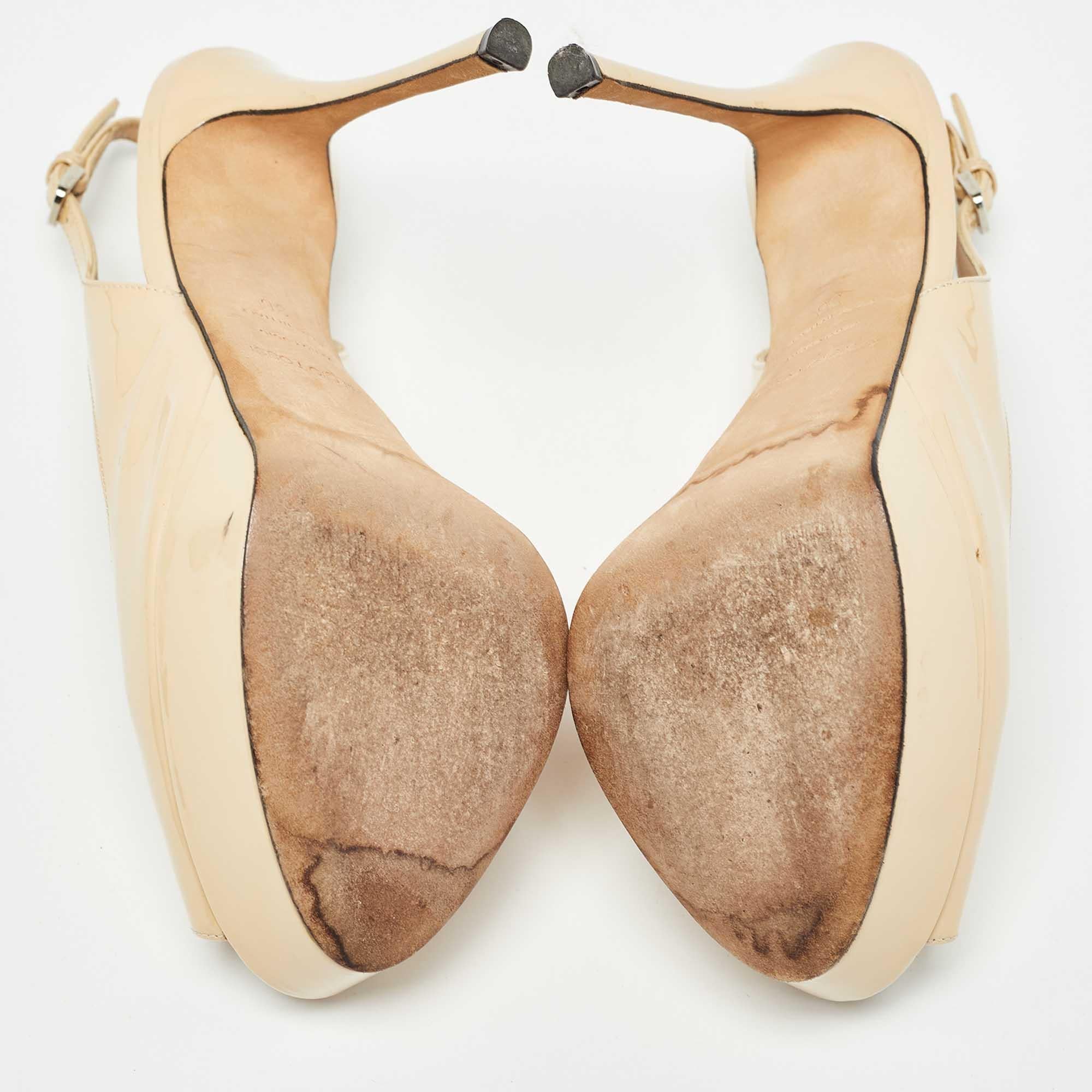 Sergio Rossi Beige Patent Leather Peep Toe Slingback Pumps Size 36 For Sale 2