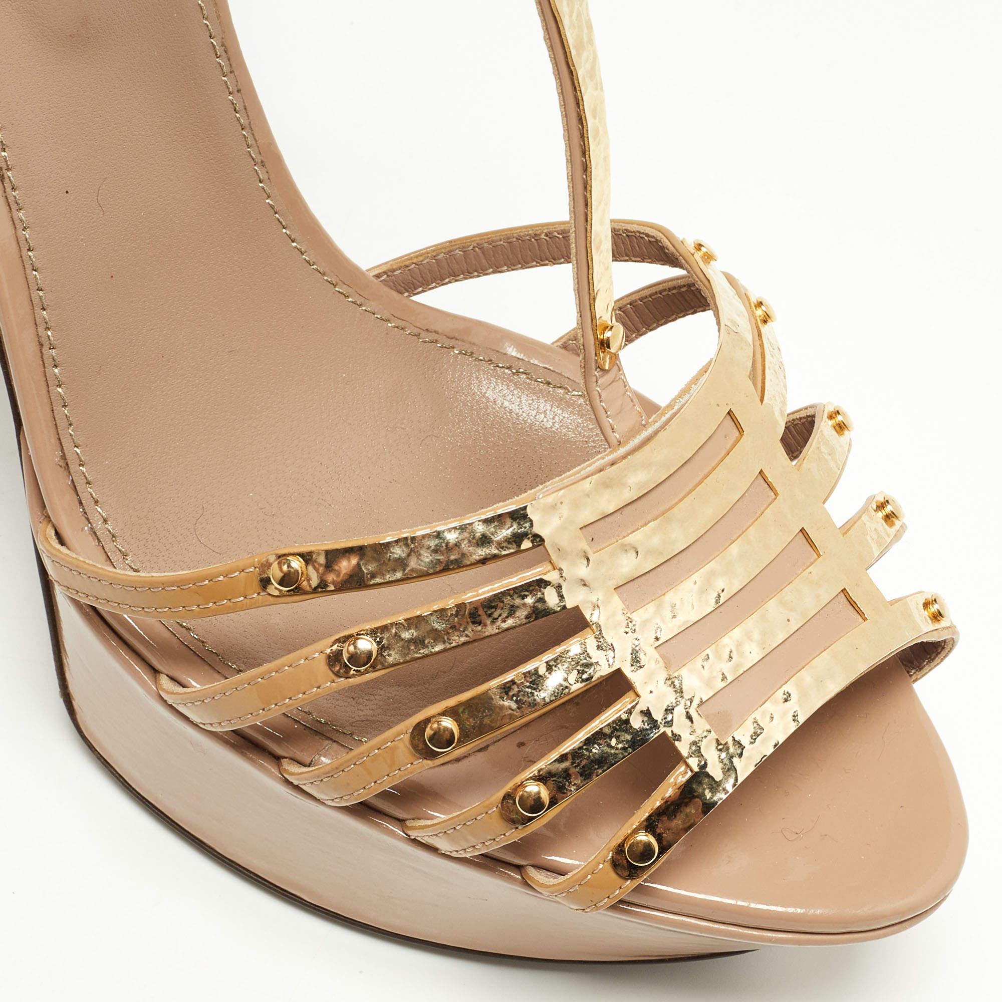 Sergio Rossi Beige Patent Leather Strappy Platform Sandals Size 40 For Sale 3