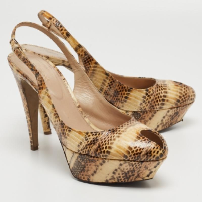 Sergio Rossi Beige Python Leather Peep Tee Platform Slingback Sandals Size 40 For Sale 2