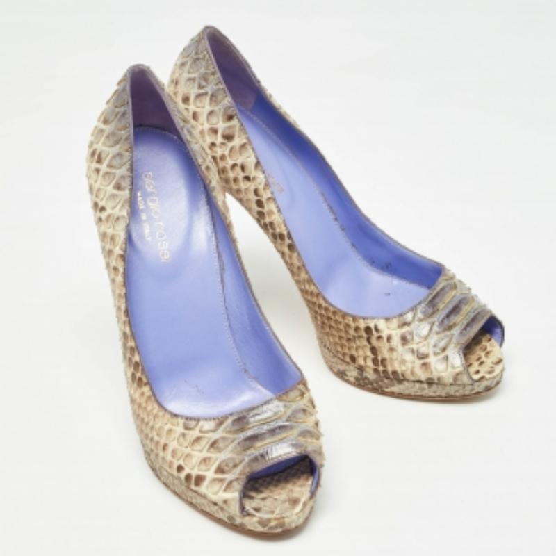 Sergio Rossi Beige Python Leder Peep Toe Pumps Größe 37.5 Damen im Angebot
