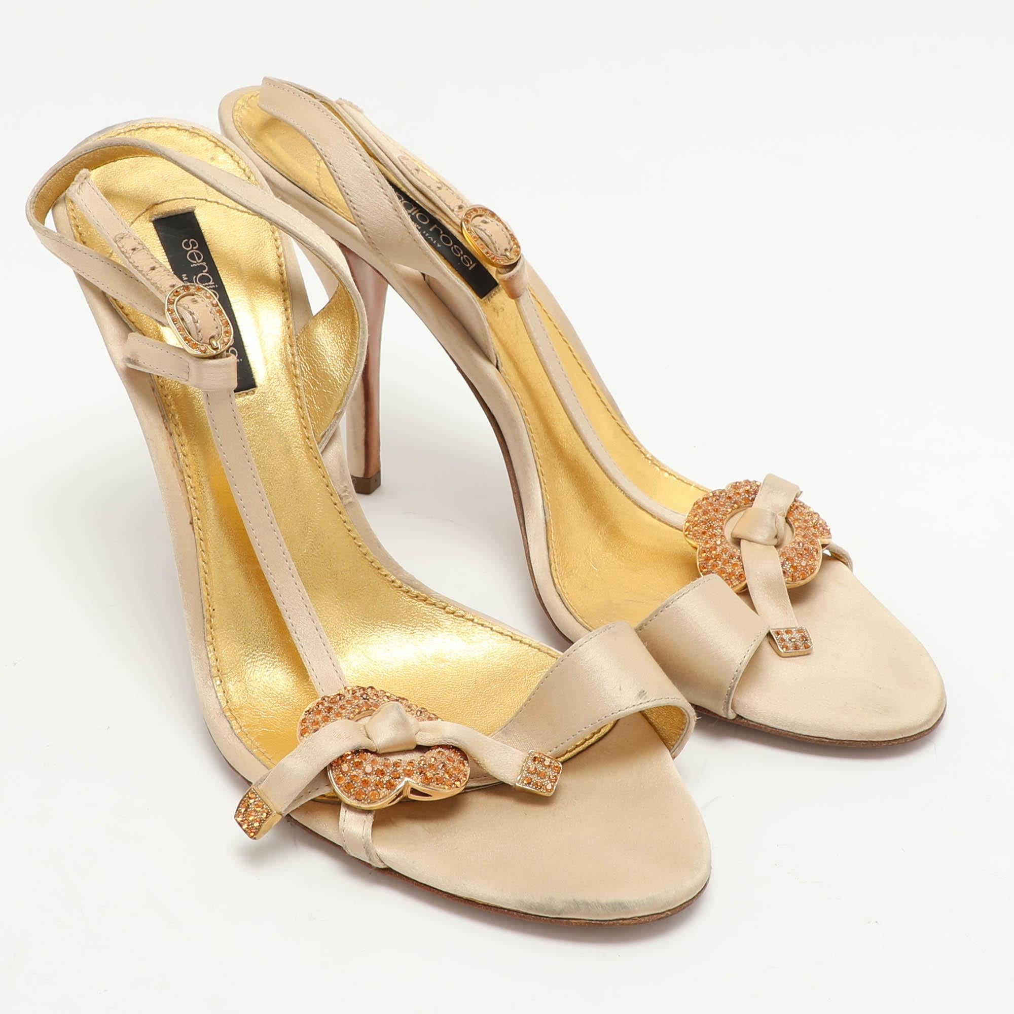 Women's Sergio Rossi Beige Satin Embellished Slingback Sandals Size 41 For Sale