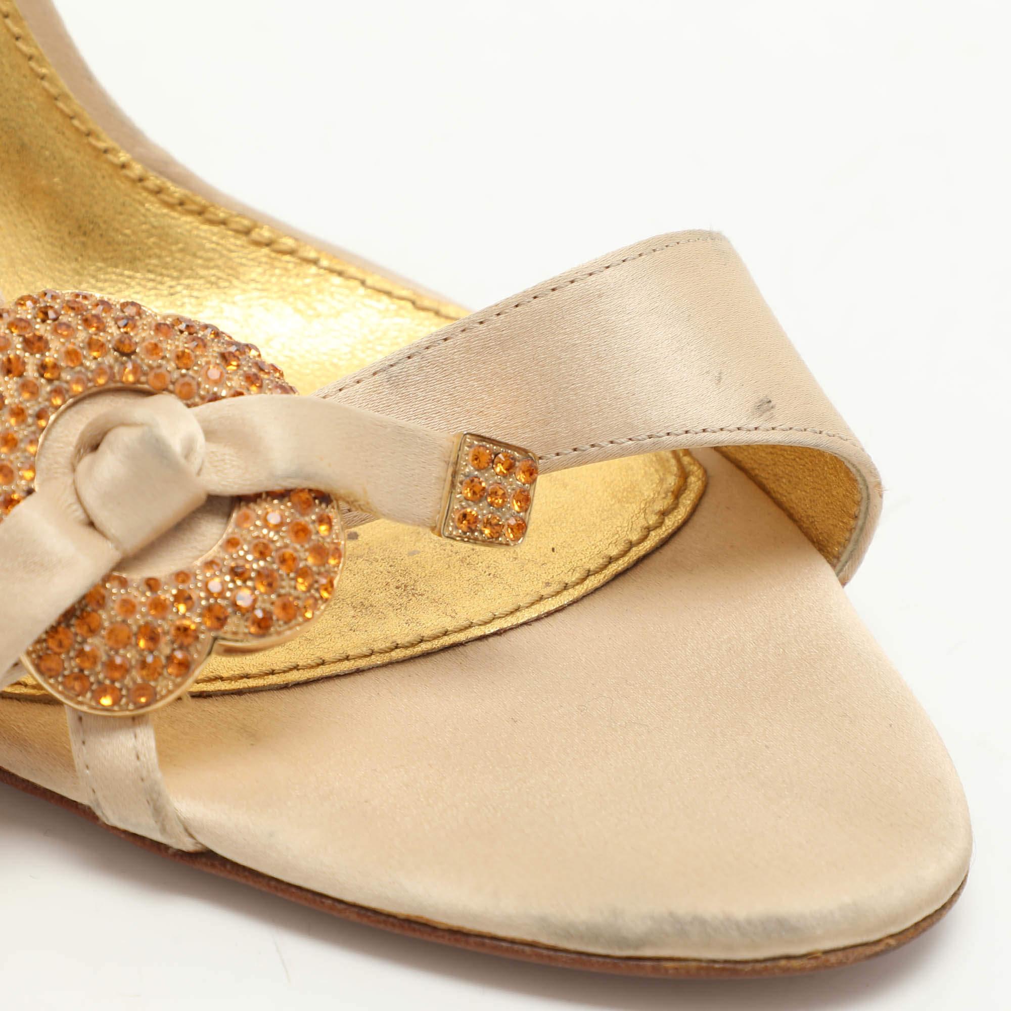 Sergio Rossi Beige Satin Embellished Slingback Sandals Size 41 For Sale 3