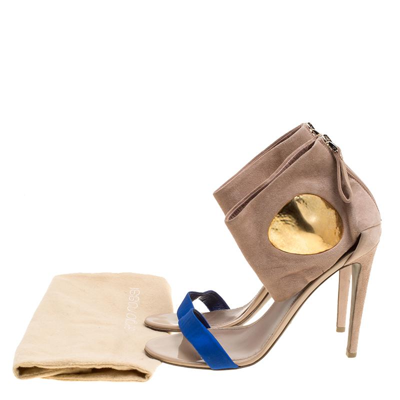 Sergio Rossi Beige Suede And Blue Satin Ankle Cuff Open Toe Sandals Size 39.5 3