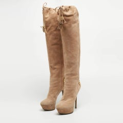 Sergio Rossi Beige Suede Knee Length Boots Size 38