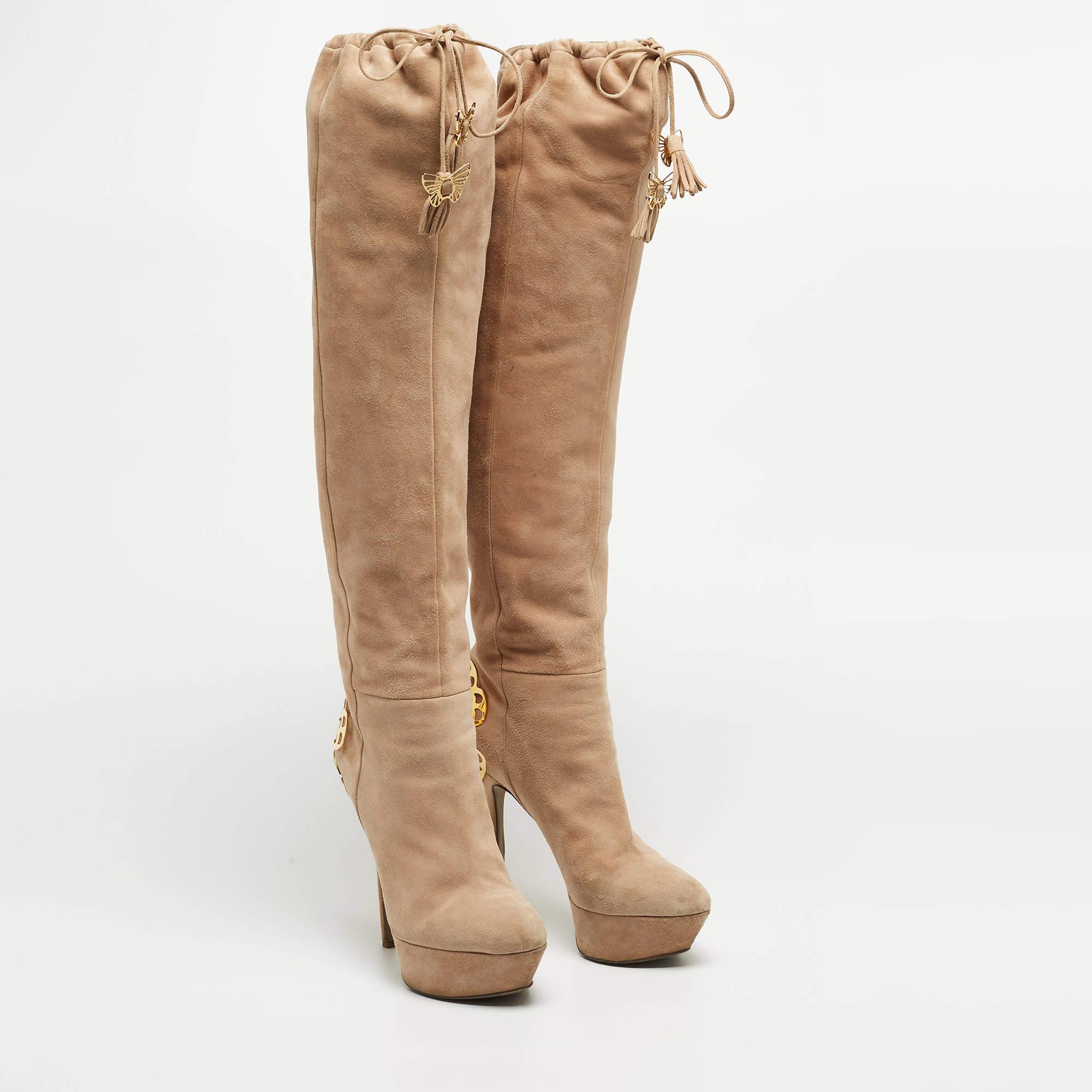 Women's Sergio Rossi Beige Suede Knee Length Boots Size 38 For Sale