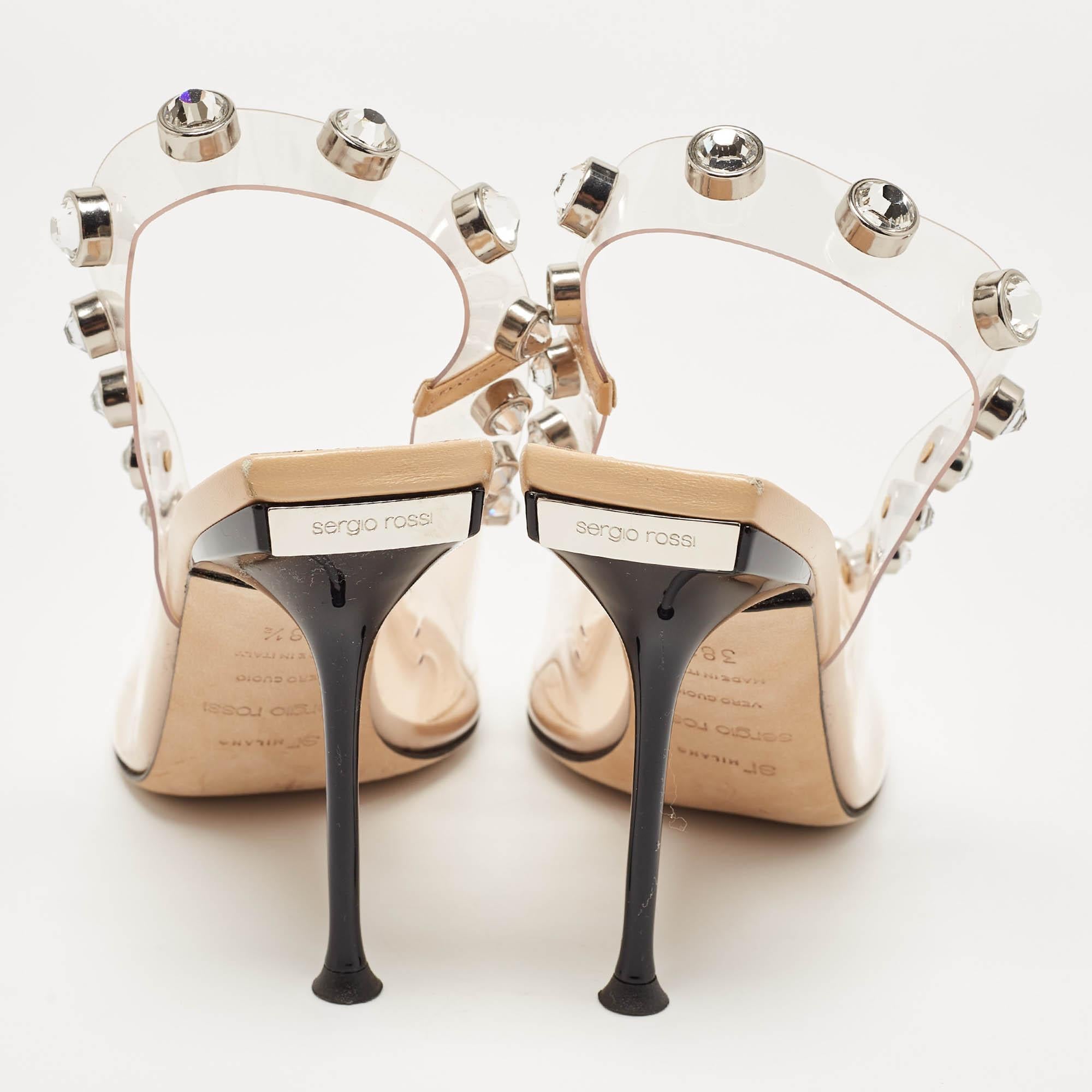 Sergio Rossi Beige/Transparent PVC Crystal Embellished Slingback Pumps Size 38.5 For Sale 1