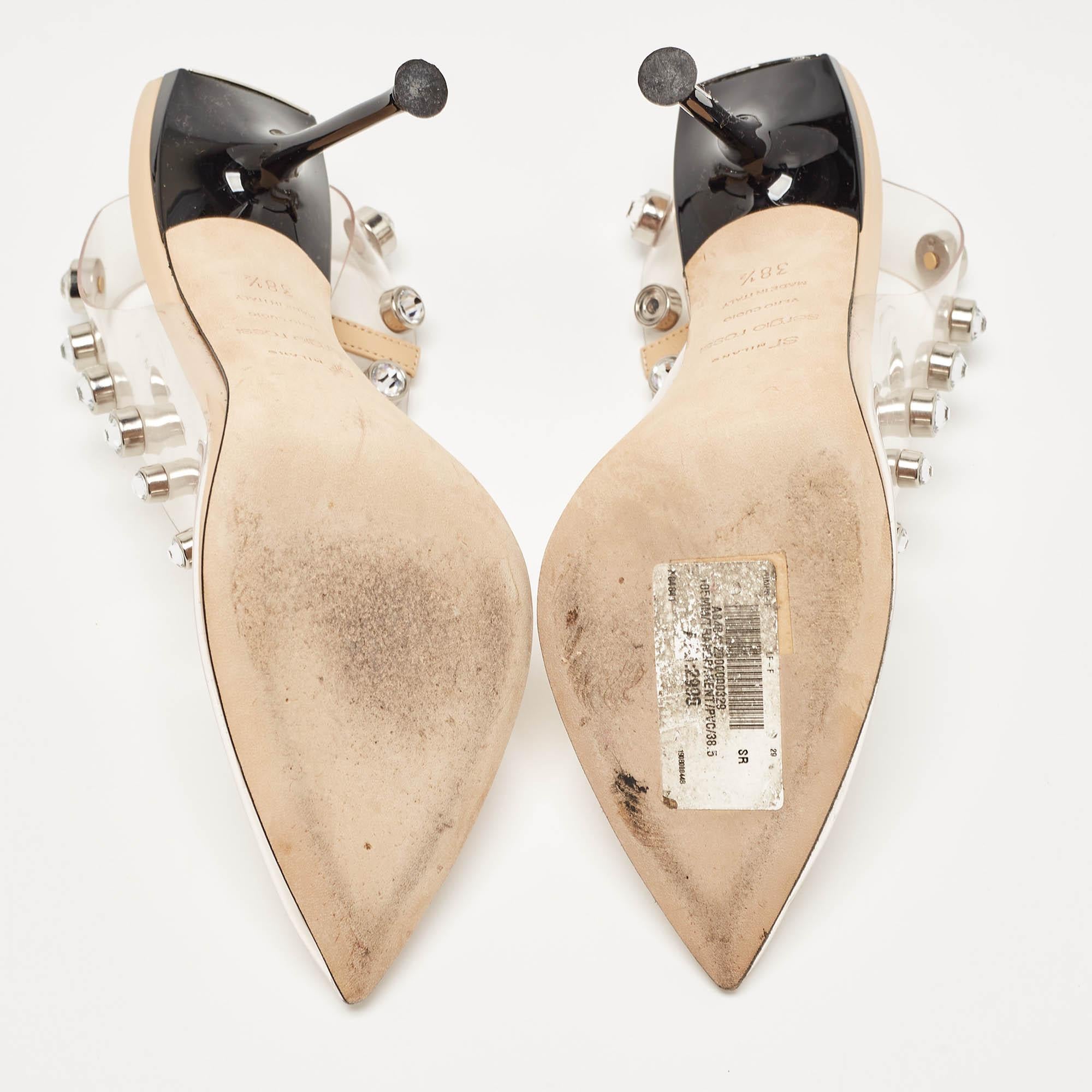 Sergio Rossi Beige/Transparent PVC Crystal Embellished Slingback Pumps Size 38.5 For Sale 2