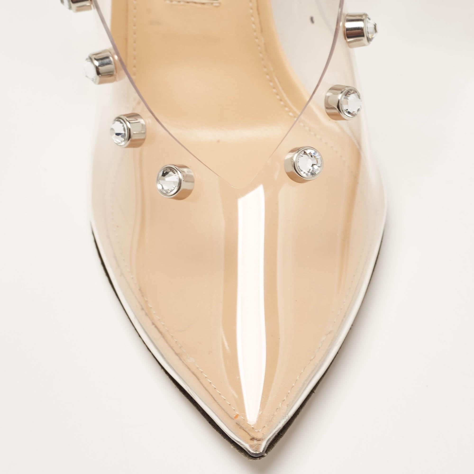 Sergio Rossi Beige/Transparent PVC Crystal Embellished Slingback Pumps Size 38.5 For Sale 3