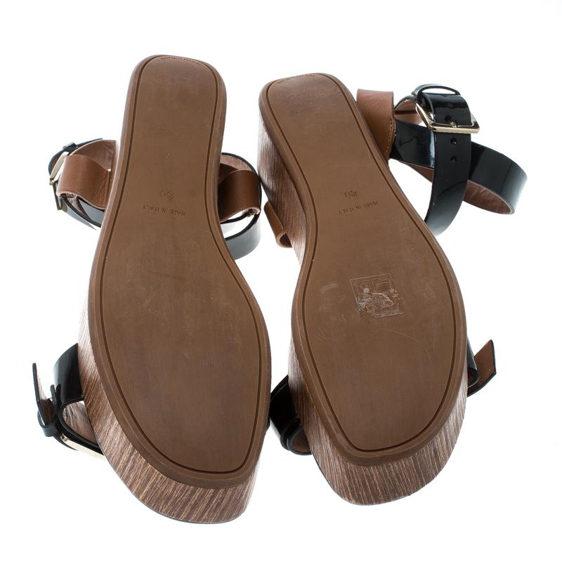 Sergio Rossi Black/Brown Leather Ankle Strap Wedge Sandals Size 40 In Good Condition In Dubai, Al Qouz 2