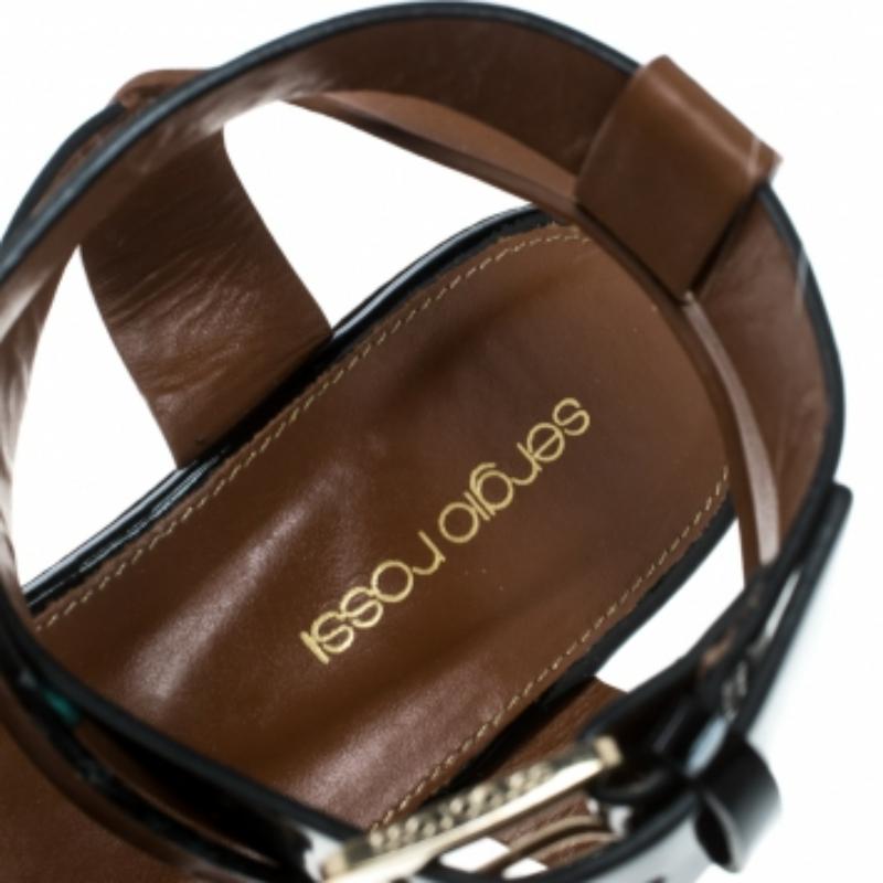 Sergio Rossi Sandales à semelles compensées en cuir noir/brun Taille 40 en vente 2