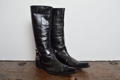 Sergio Rossi Black Eel Skin Leather Pointed Cowboy Boots EU 37.5