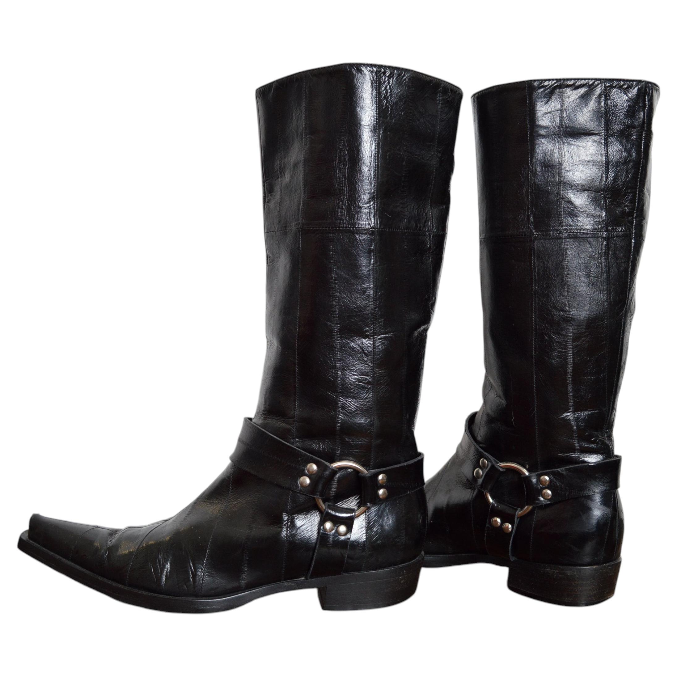 Sergio Rossi Black Eel Skin Leather Pointed Cowboy Boots EU 37.5