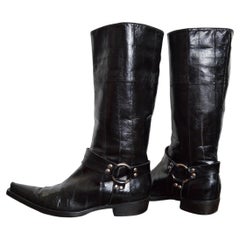 Sergio Rossi Black Eel Skin Leather Pointed Cowboy Boots EU 37.5