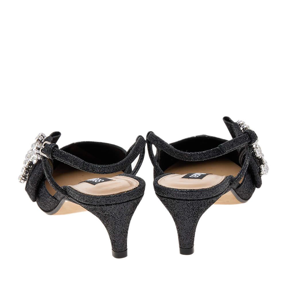Sergio Rossi Black Glitter Sr Icona Slingback Sandals Size 37 In New Condition For Sale In Dubai, Al Qouz 2