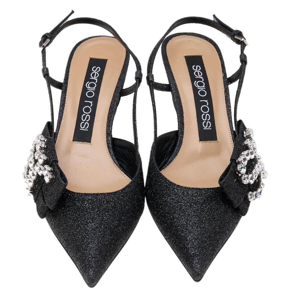 Sergio Rossi Black Glitter Sr Icona Slingback Sandals Size 37 For Sale 1